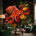 Colorful Octopus Peel and Stick Wall Mural, Vibrant Sea Life Floral Painting, Bold Coastal Botanical Wallpaper