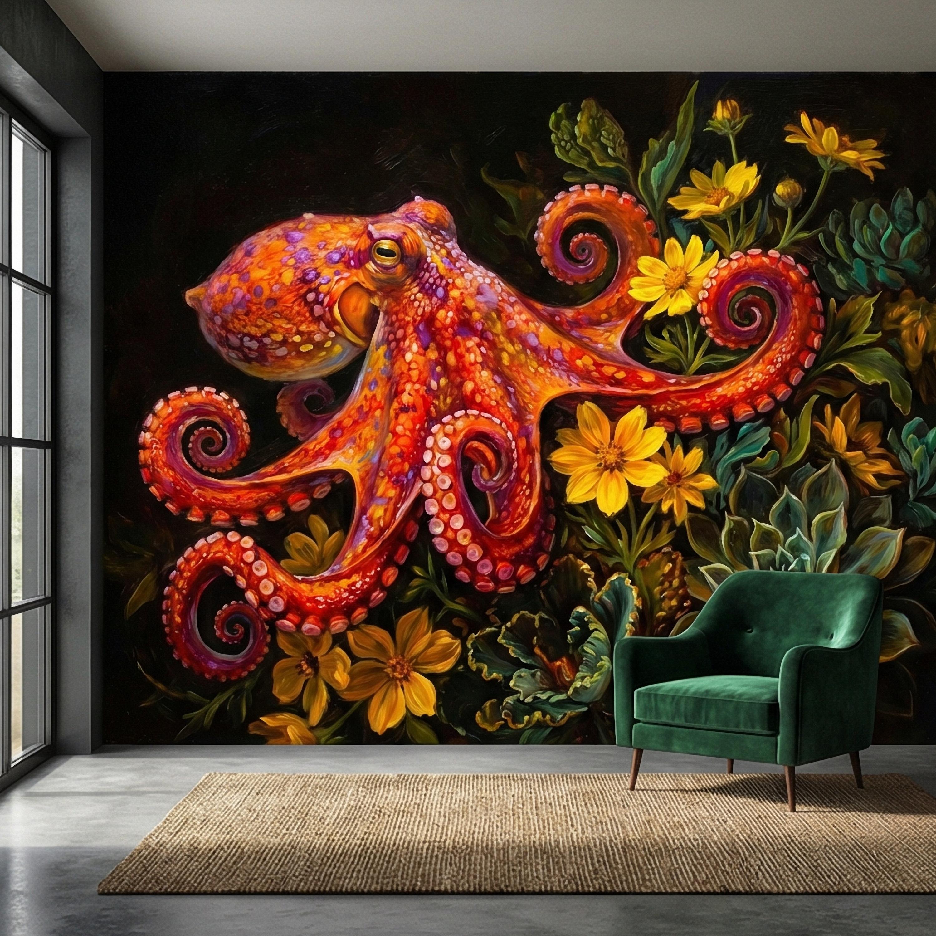 Colorful Octopus Peel and Stick Wall Mural, Vibrant Sea Life Floral Painting, Bold Coastal Botanical Wallpaper