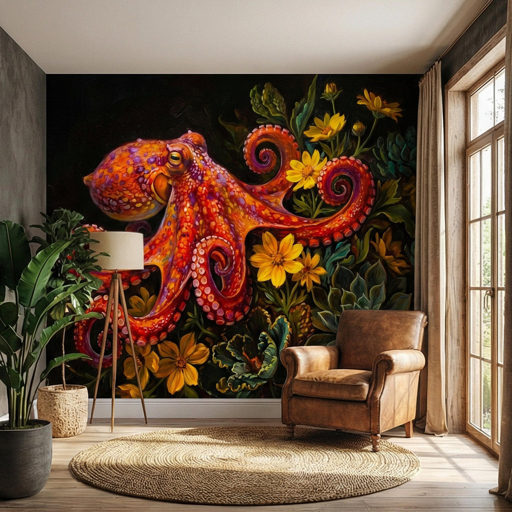 Colorful Octopus Peel and Stick Wall Mural, Vibrant Sea Life Floral Painting, Bold Coastal Botanical Wallpaper