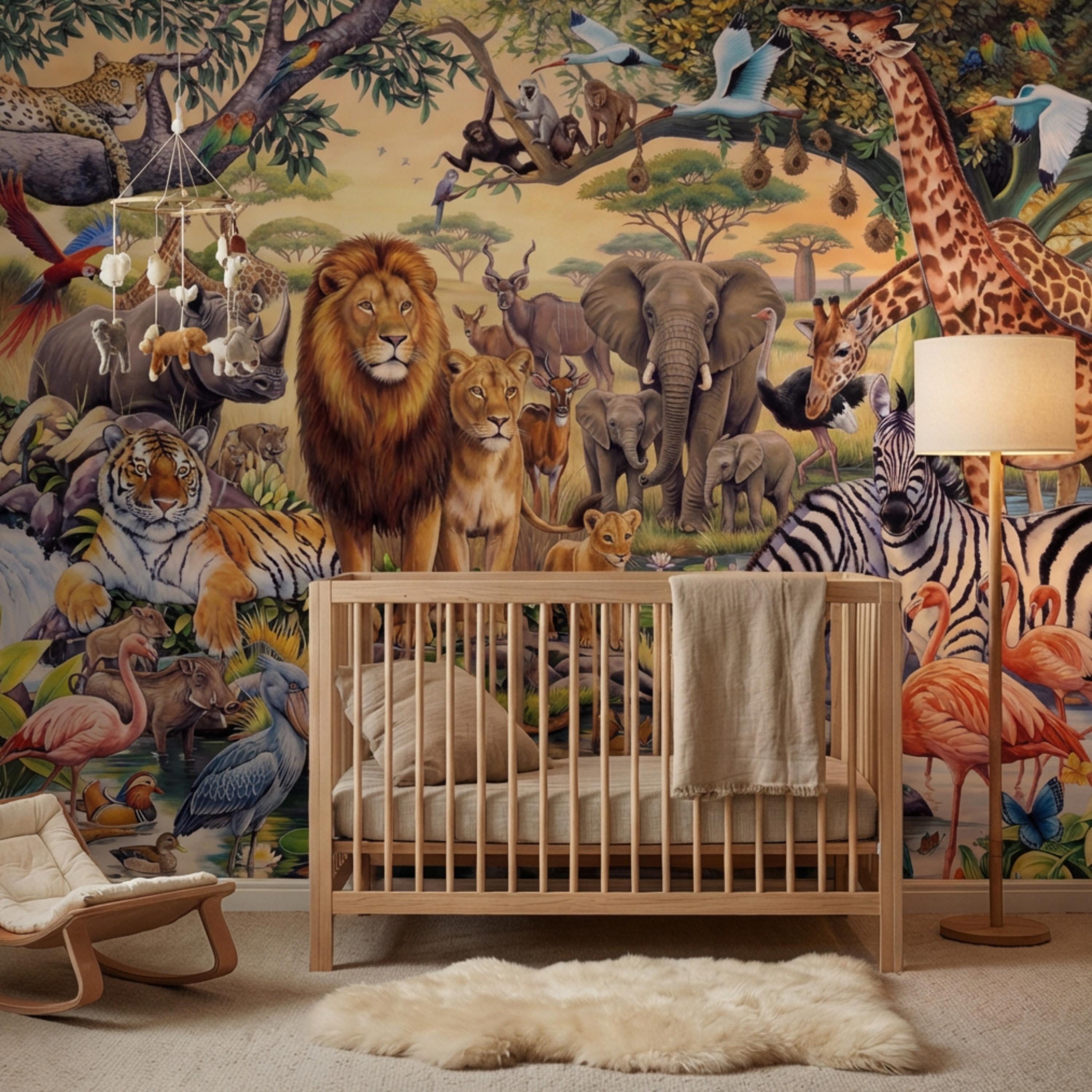 Safari Animals Peel and Stick Wall Mural, Jungle Nursery Wallpaper, Kids Room Animal Wall Decor, Lion Giraffe Elephant Design