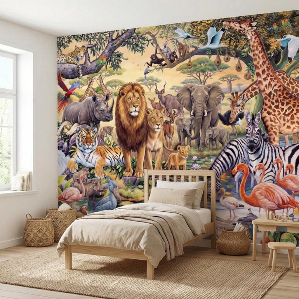 Safari Animals Peel and Stick Wall Mural, Jungle Nursery Wallpaper, Kids Room Animal Wall Decor, Lion Giraffe Elephant Design