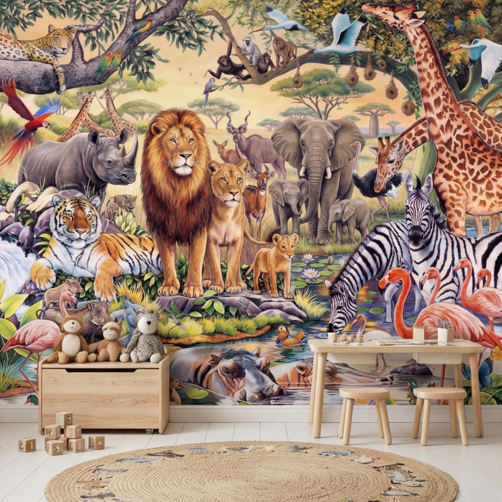 Safari Animals Peel and Stick Wall Mural, Jungle Nursery Wallpaper, Kids Room Animal Wall Decor, Lion Giraffe Elephant Design