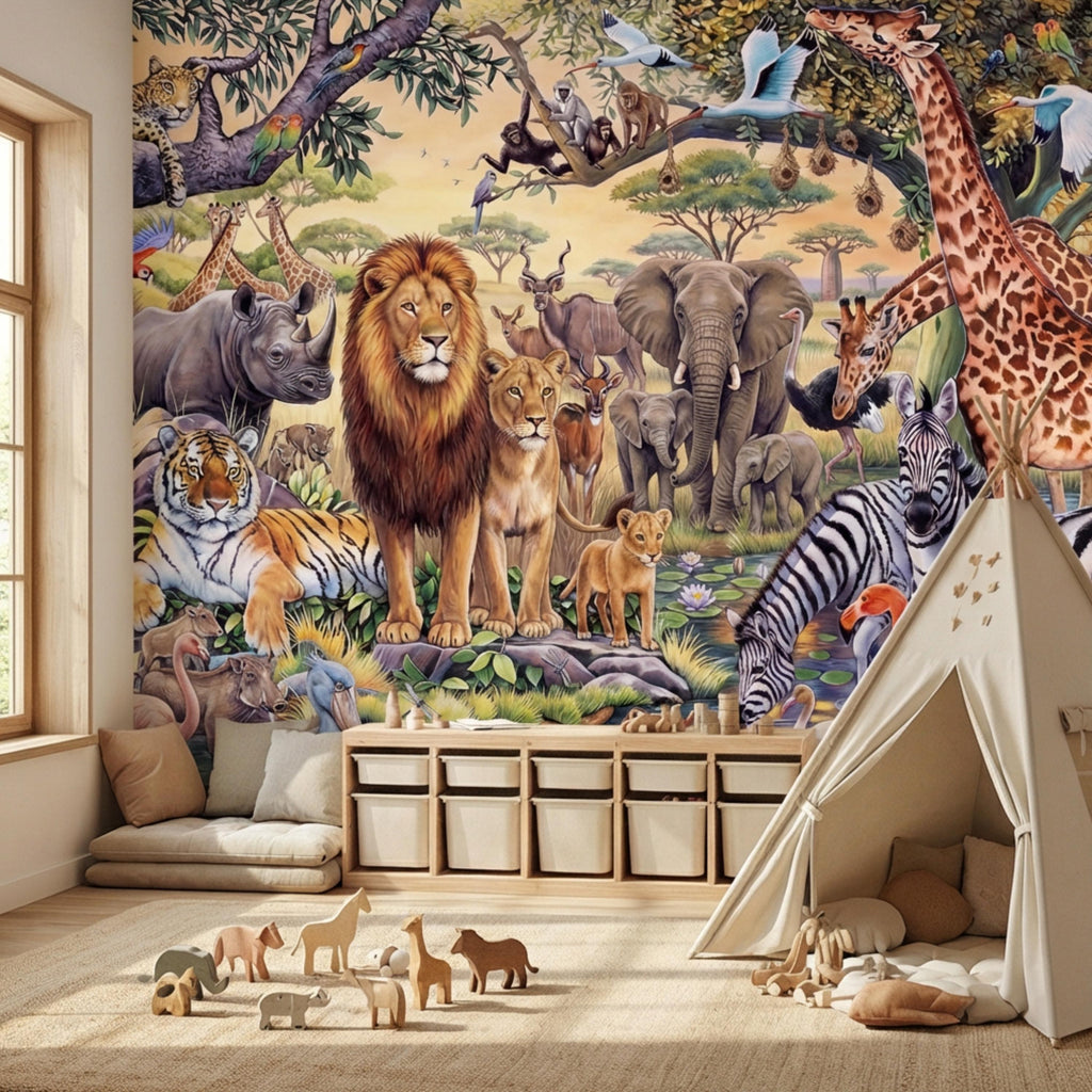 Safari Animals Peel and Stick Wall Mural, Jungle Nursery Wallpaper, Kids Room Animal Wall Decor, Lion Giraffe Elephant Design
