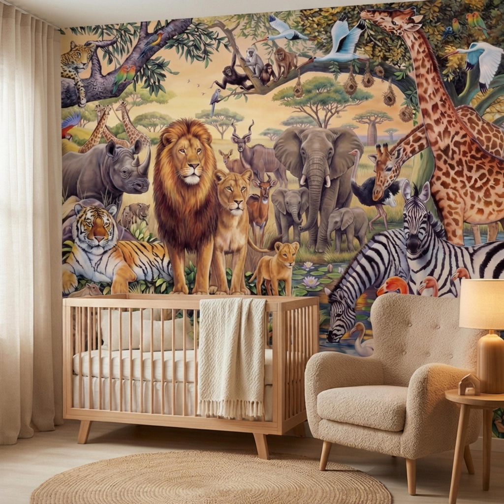 Safari Animals Peel and Stick Wall Mural, Jungle Nursery Wallpaper, Kids Room Animal Wall Decor, Lion Giraffe Elephant Design