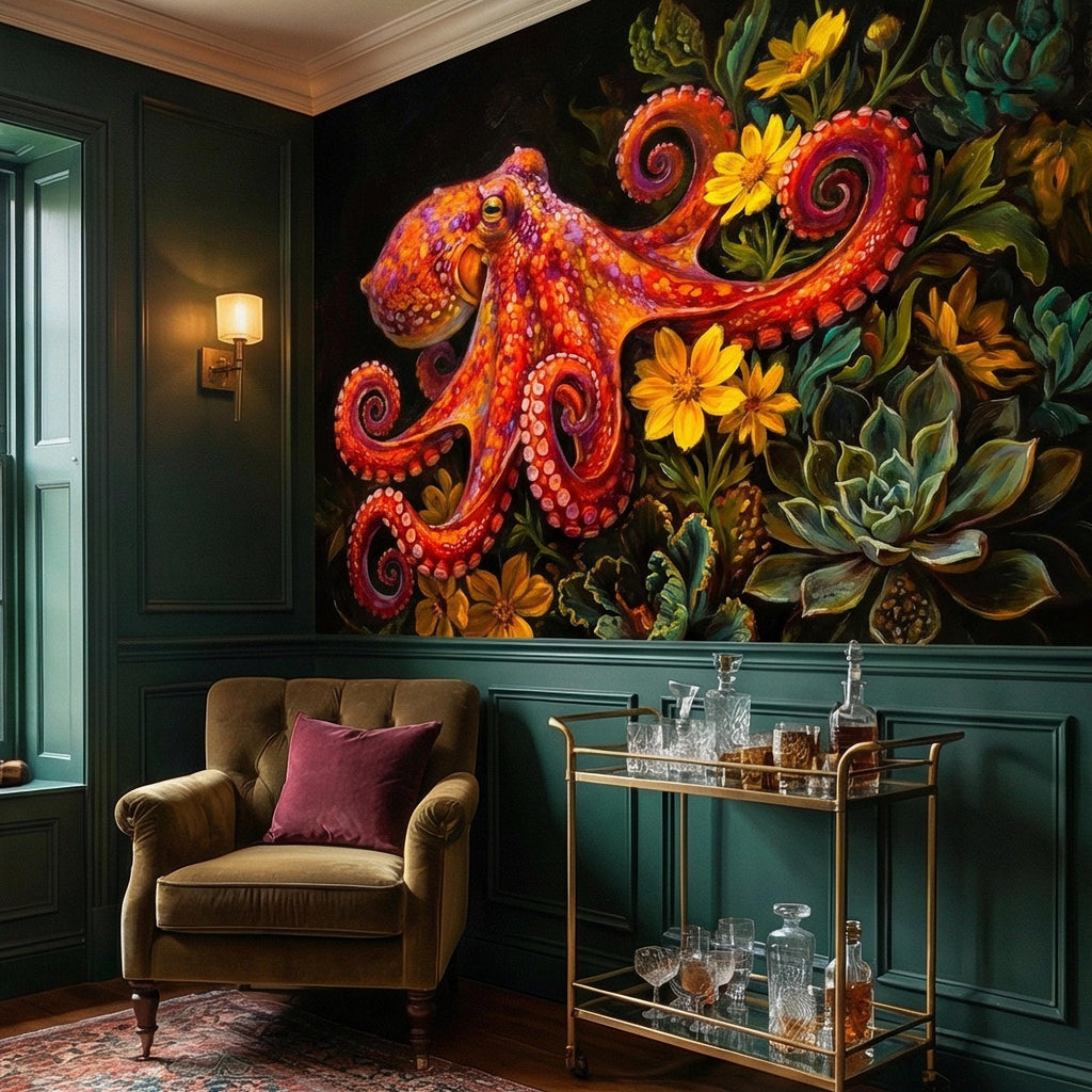 Colorful Octopus Peel and Stick Wall Mural, Vibrant Sea Life Floral Painting, Bold Coastal Botanical Wallpaper