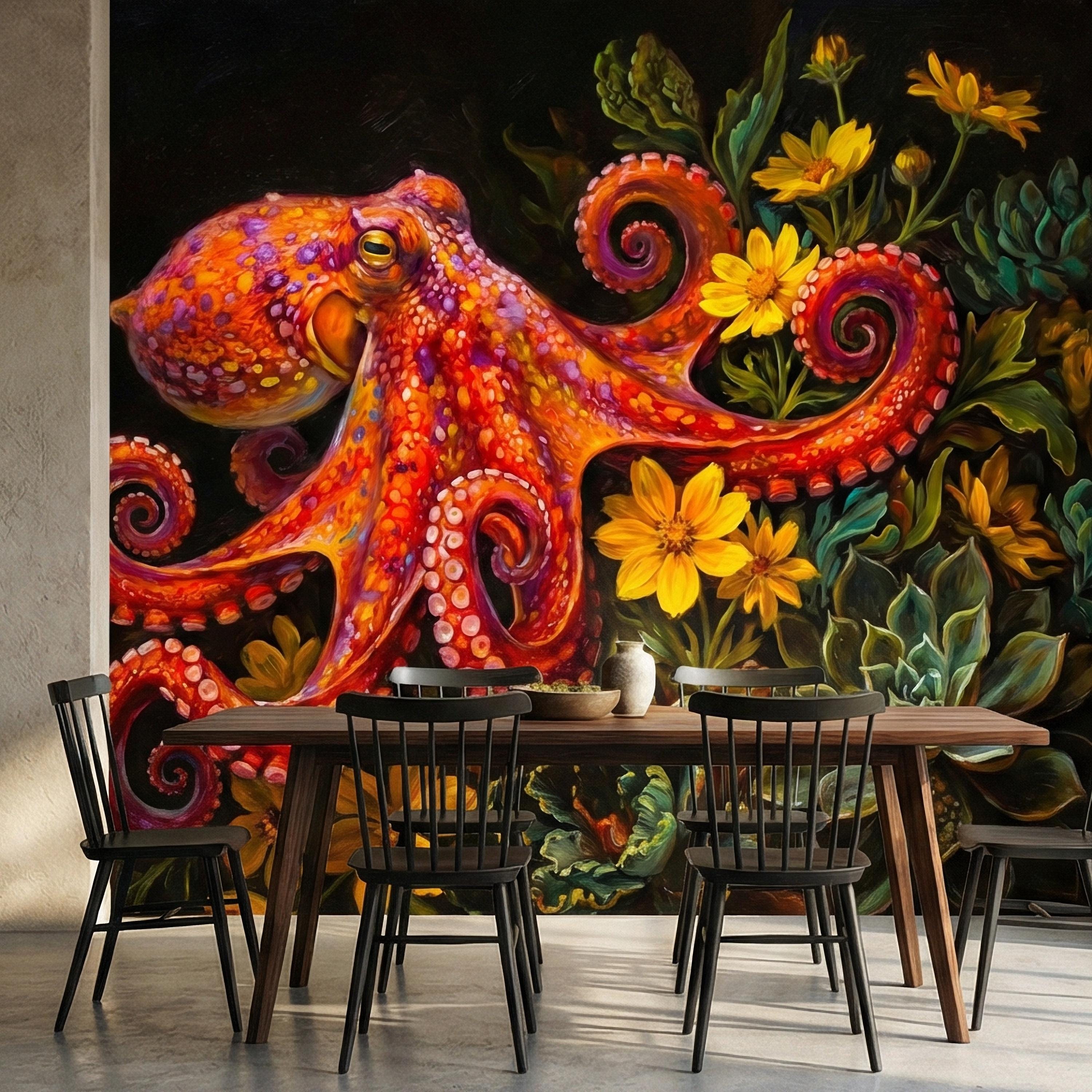 Colorful Octopus Peel and Stick Wall Mural, Vibrant Sea Life Floral Painting, Bold Coastal Botanical Wallpaper