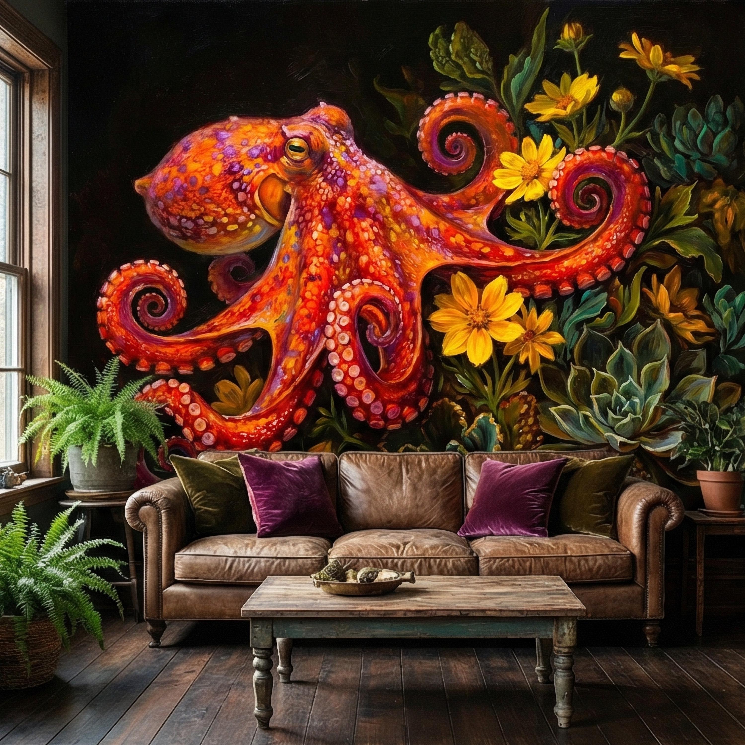 Colorful Octopus Peel and Stick Wall Mural, Vibrant Sea Life Floral Painting, Bold Coastal Botanical Wallpaper