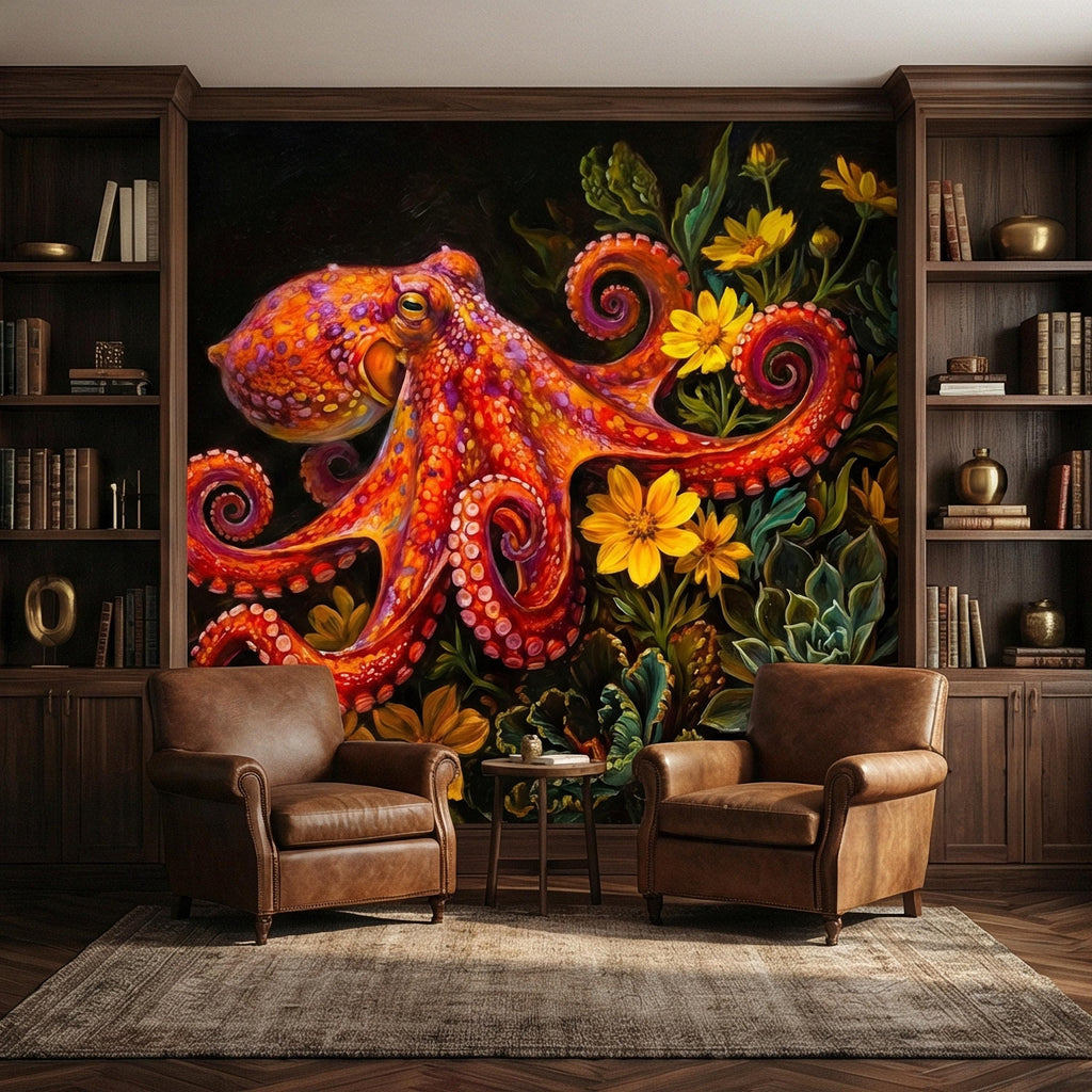 Colorful Octopus Peel and Stick Wall Mural, Vibrant Sea Life Floral Painting, Bold Coastal Botanical Wallpaper