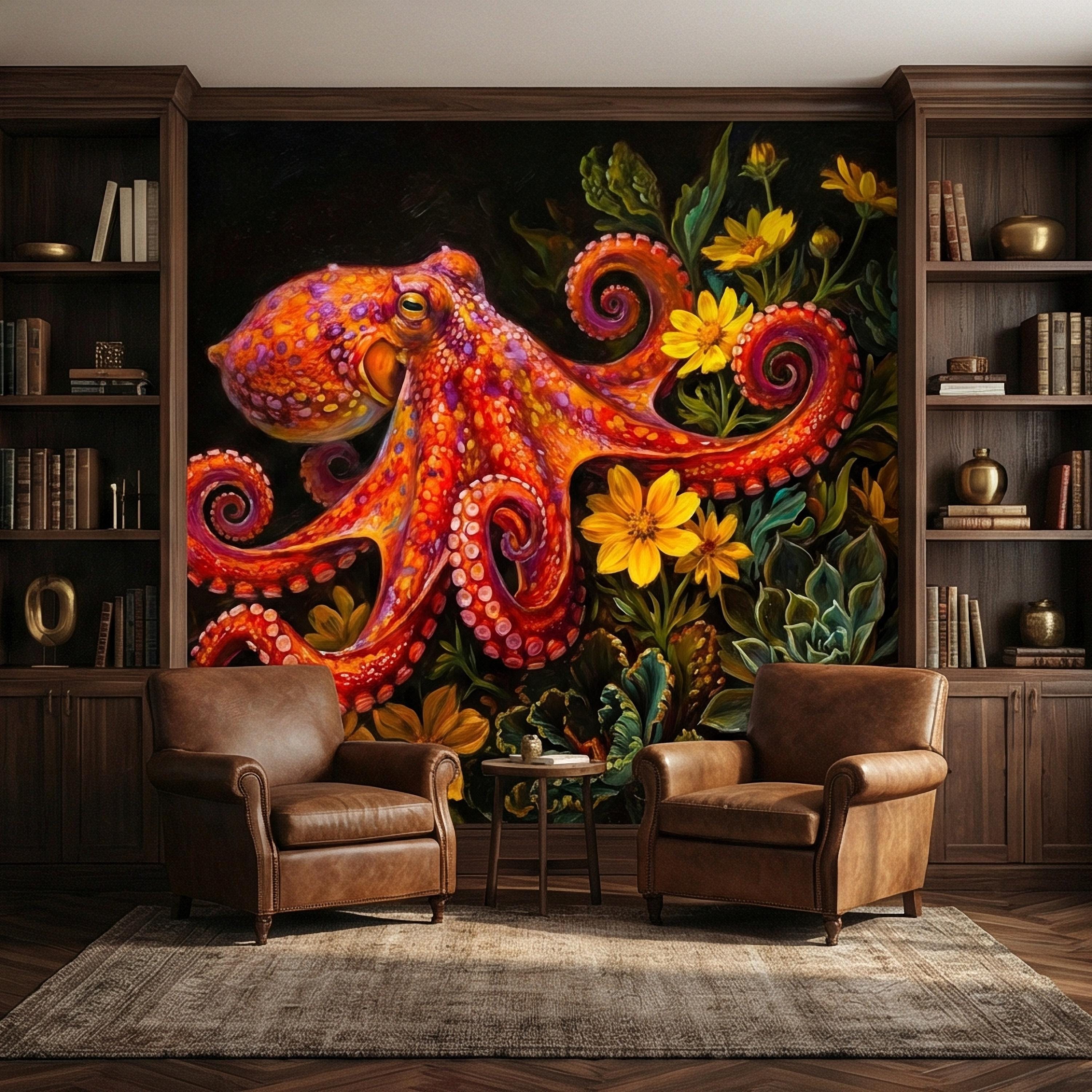 Colorful Octopus Peel and Stick Wall Mural, Vibrant Sea Life Floral Painting, Bold Coastal Botanical Wallpaper