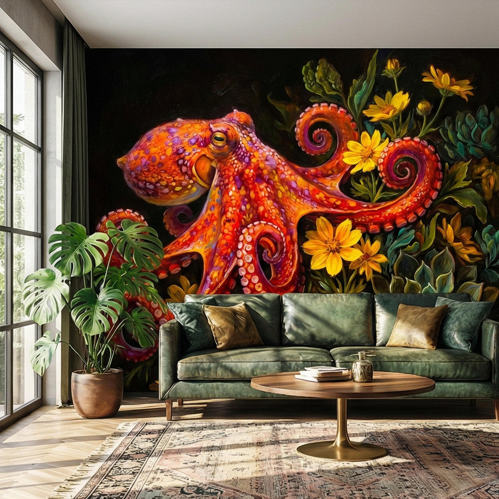 Colorful Octopus Peel and Stick Wall Mural, Vibrant Sea Life Floral Painting, Bold Coastal Botanical Wallpaper
