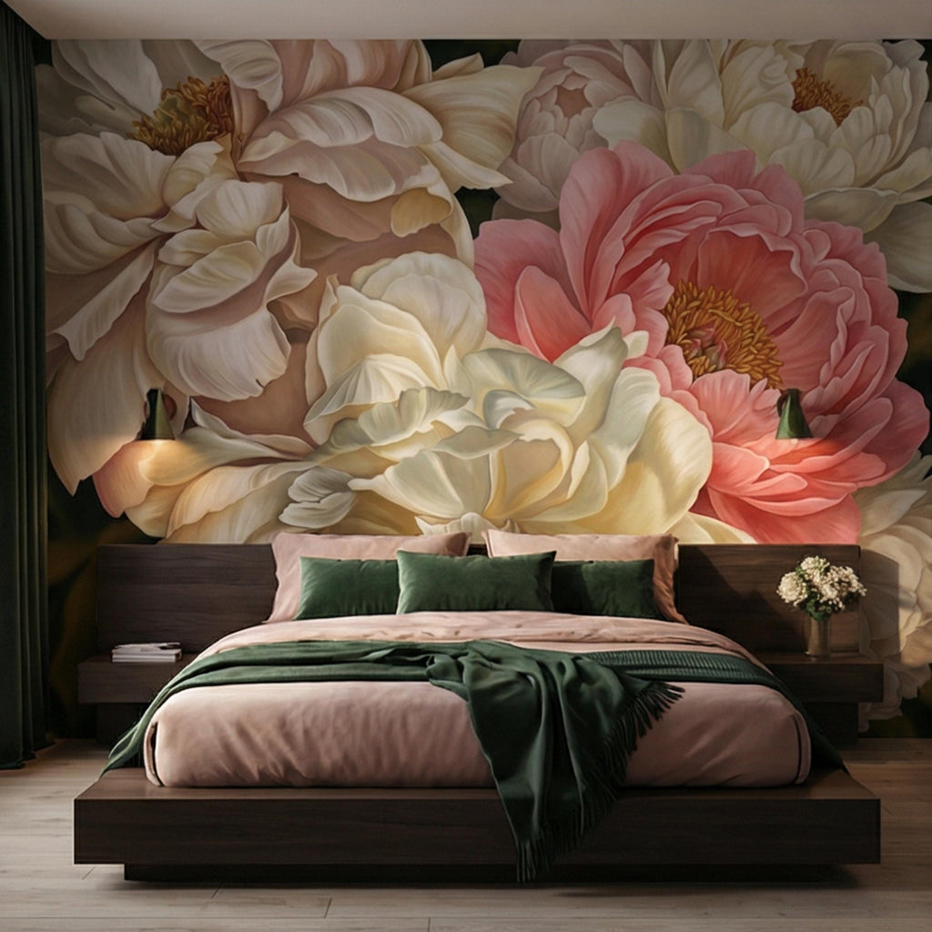 Blush Pink and Cream Peony Peel and Stick Wall Mural, Romantic Floral Wallpaper, Large Flower Wall Decor