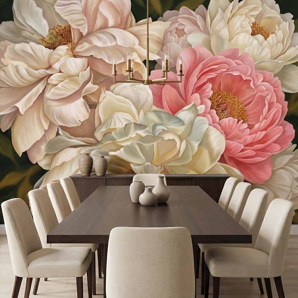 Blush Pink and Cream Peony Peel and Stick Wall Mural, Romantic Floral Wallpaper, Large Flower Wall Decor