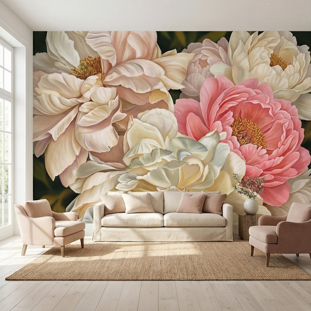 Blush Pink and Cream Peony Peel and Stick Wall Mural, Romantic Floral Wallpaper, Large Flower Wall Decor