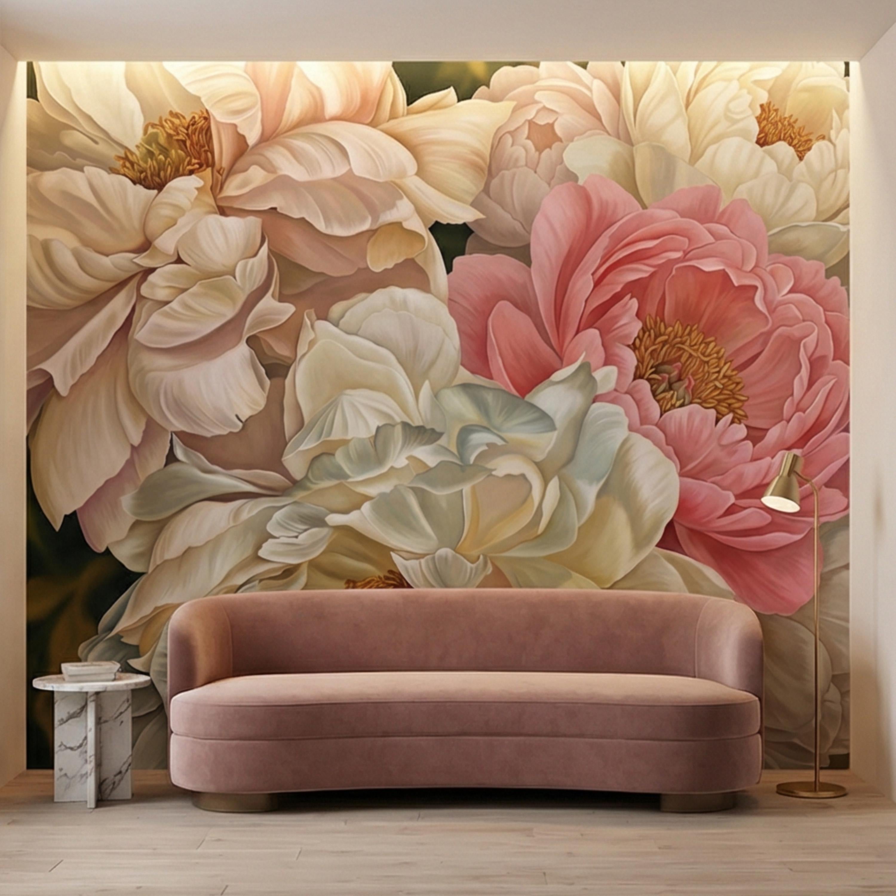 Blush Pink and Cream Peony Peel and Stick Wall Mural, Romantic Floral Wallpaper, Large Flower Wall Decor