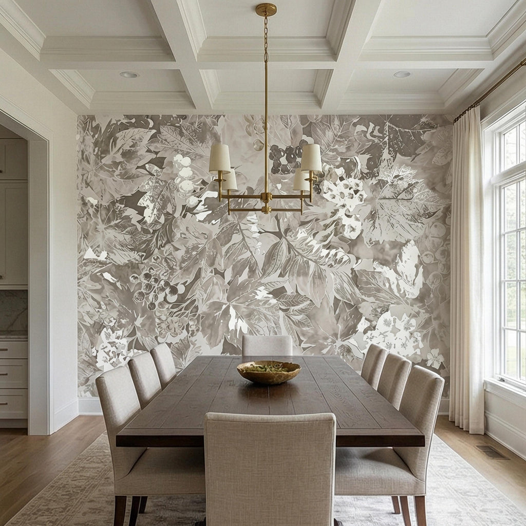 Neutral Botanical Peel and Stick Wall Mural, Vintage Beige Floral Foliage, Soft French Country Wallpaper