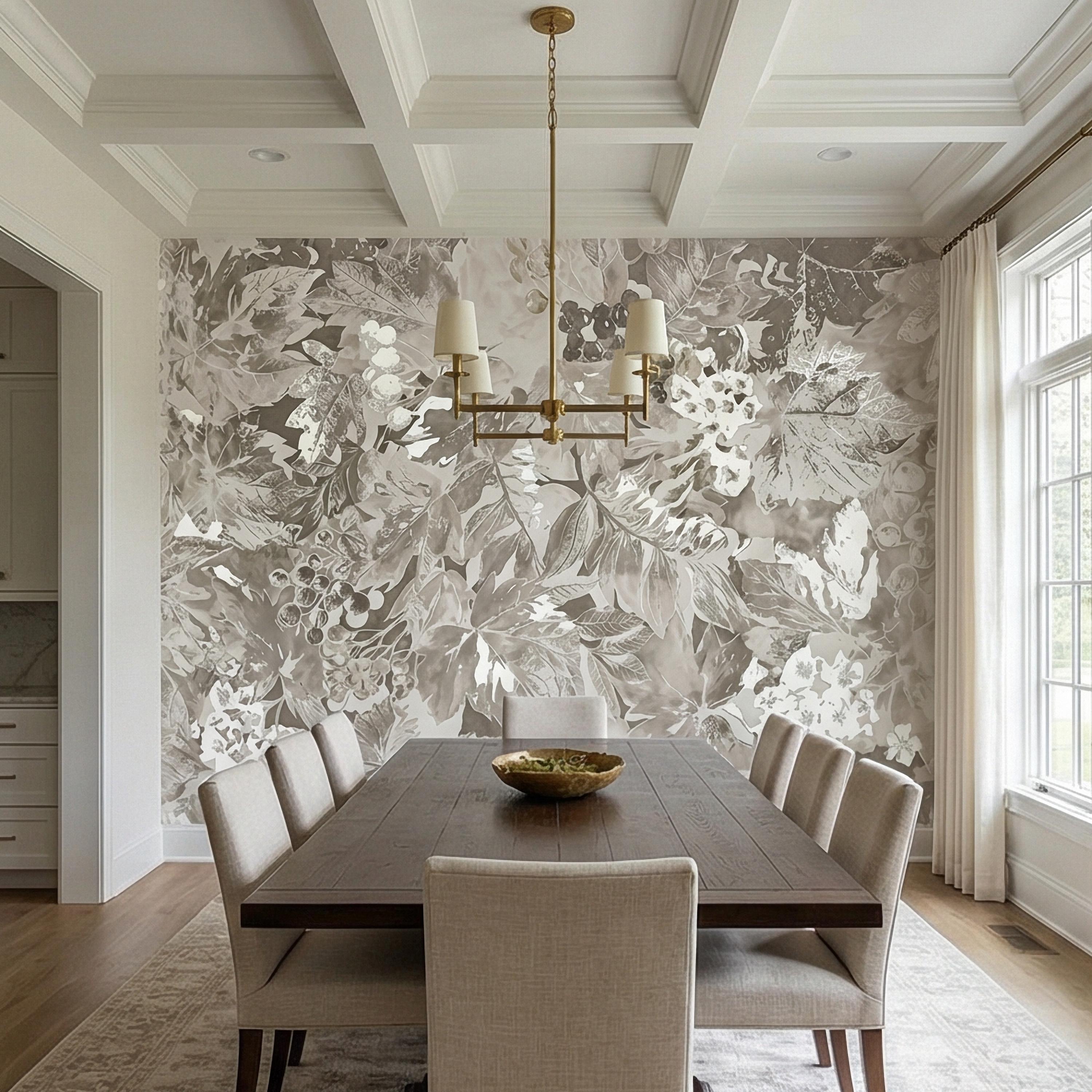 Neutral Botanical Peel and Stick Wall Mural, Vintage Beige Floral Foliage, Soft French Country Wallpaper