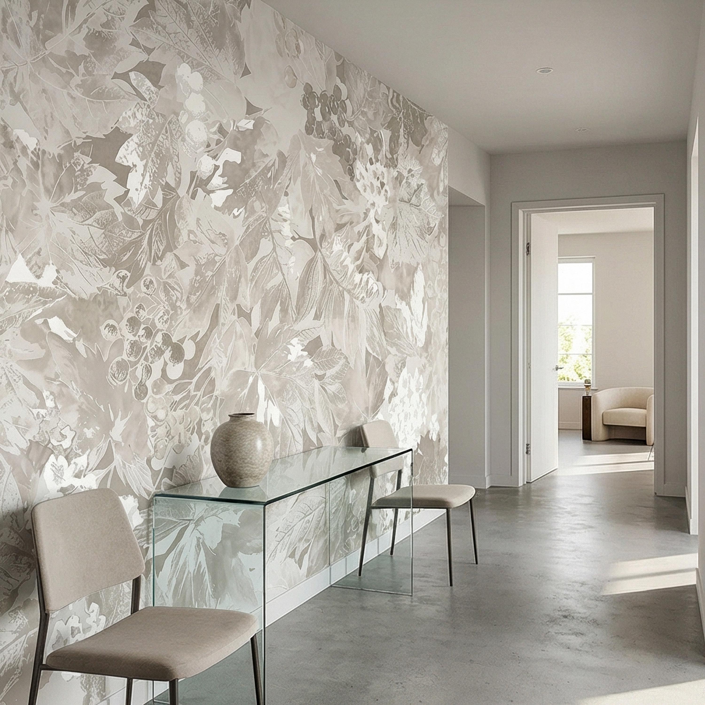 Neutral Botanical Peel and Stick Wall Mural, Vintage Beige Floral Foliage, Soft French Country Wallpaper
