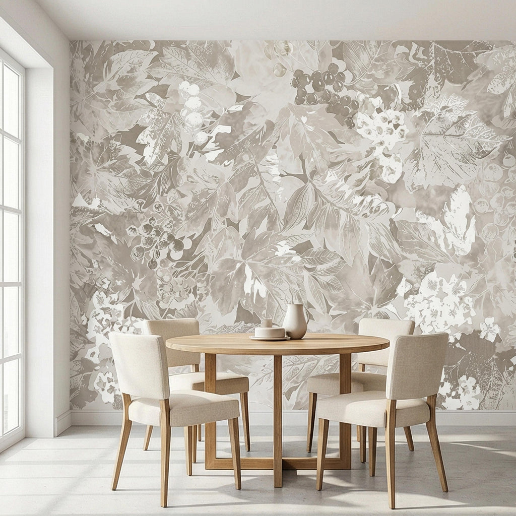 Neutral Botanical Peel and Stick Wall Mural, Vintage Beige Floral Foliage, Soft French Country Wallpaper