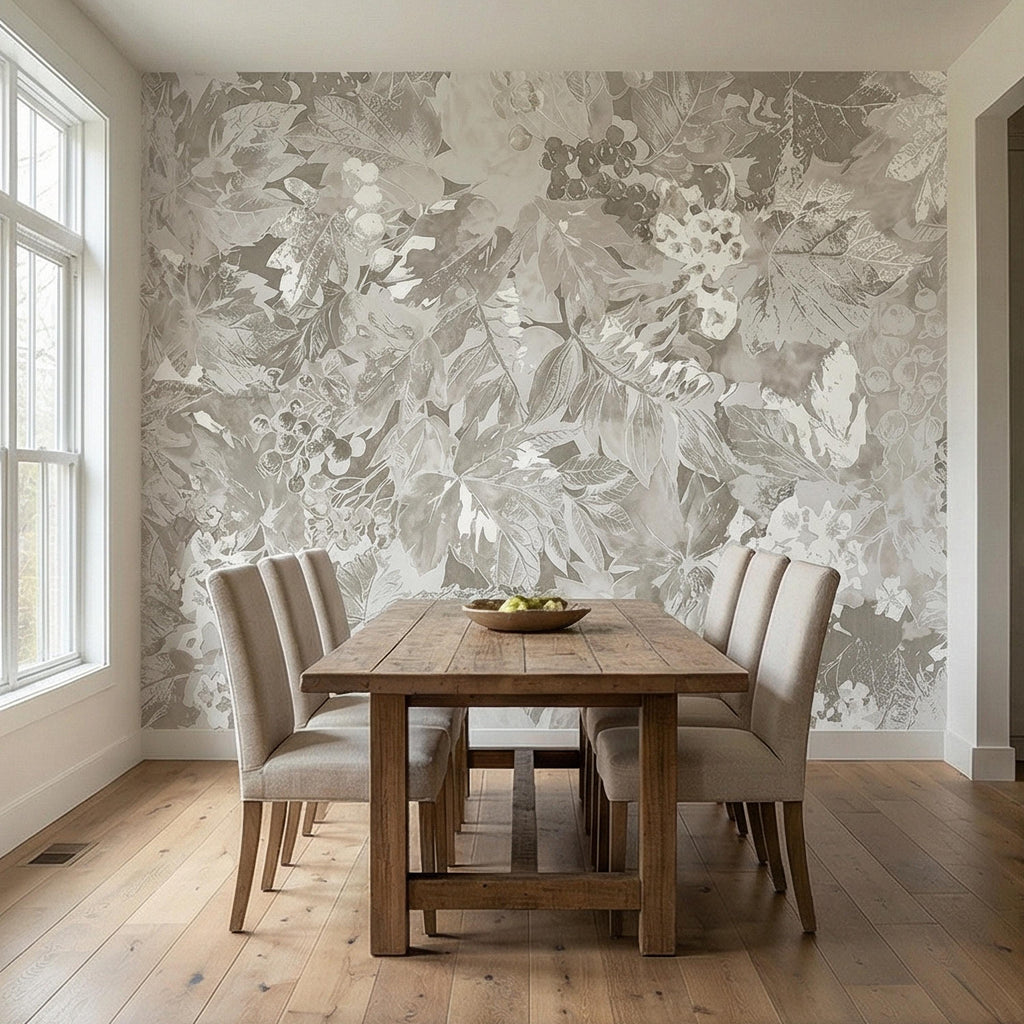 Neutral Botanical Peel and Stick Wall Mural, Vintage Beige Floral Foliage, Soft French Country Wallpaper