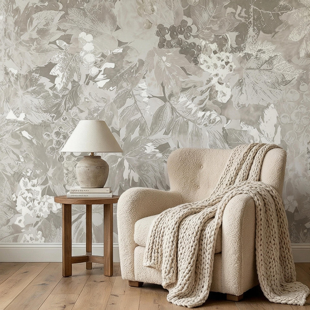 Neutral Botanical Peel and Stick Wall Mural, Vintage Beige Floral Foliage, Soft French Country Wallpaper