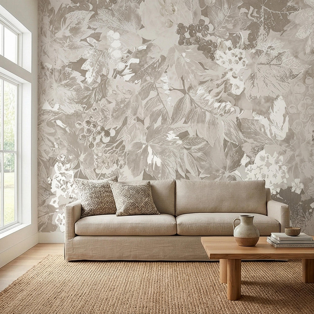 Neutral Botanical Peel and Stick Wall Mural, Vintage Beige Floral Foliage, Soft French Country Wallpaper