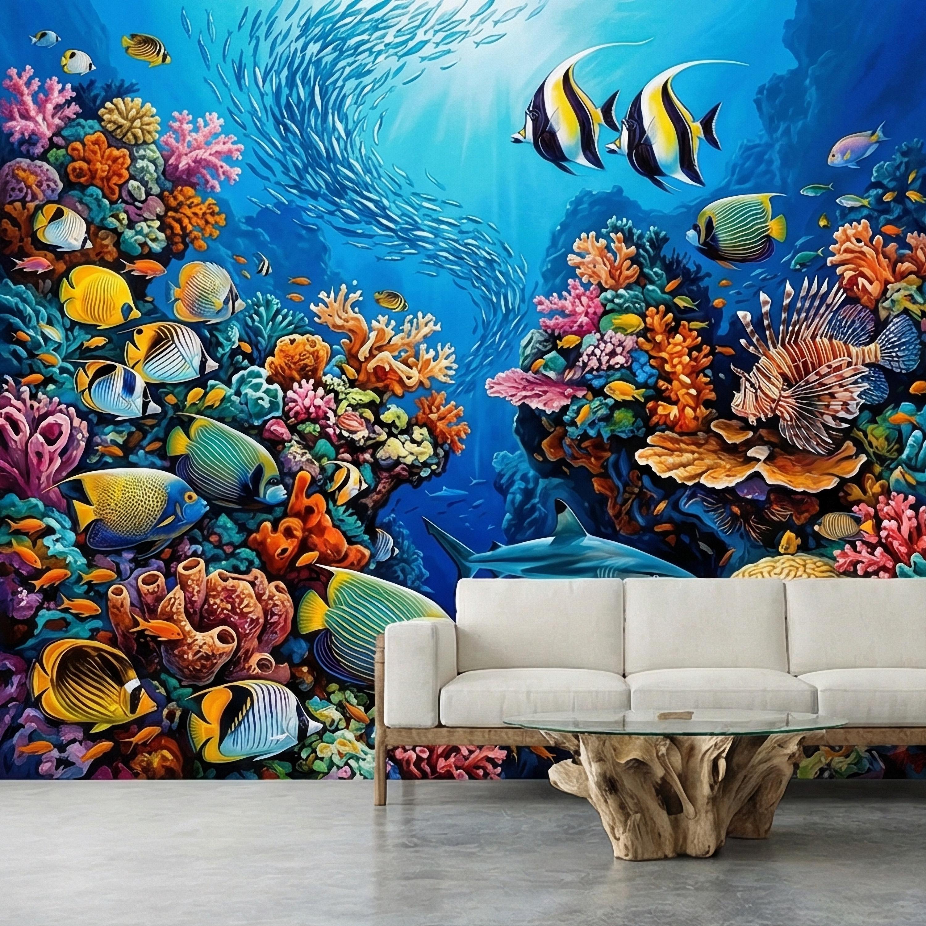 Tropical Coral Reef Peel and Stick Wall Mural, Colorful Ocean Fish Underwater Scene, Vibrant Sea Life Wallpaper