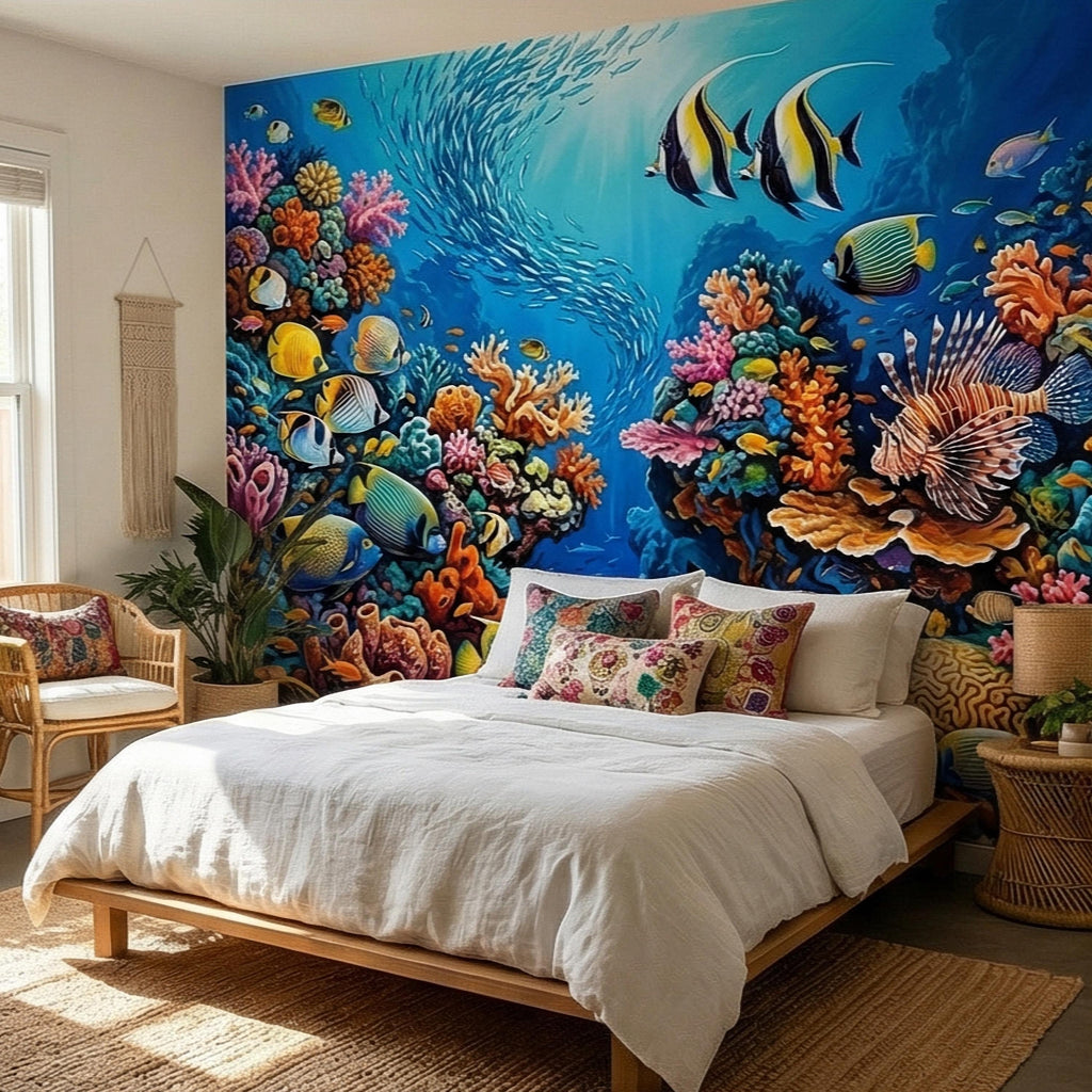 Tropical Coral Reef Peel and Stick Wall Mural, Colorful Ocean Fish Underwater Scene, Vibrant Sea Life Wallpaper