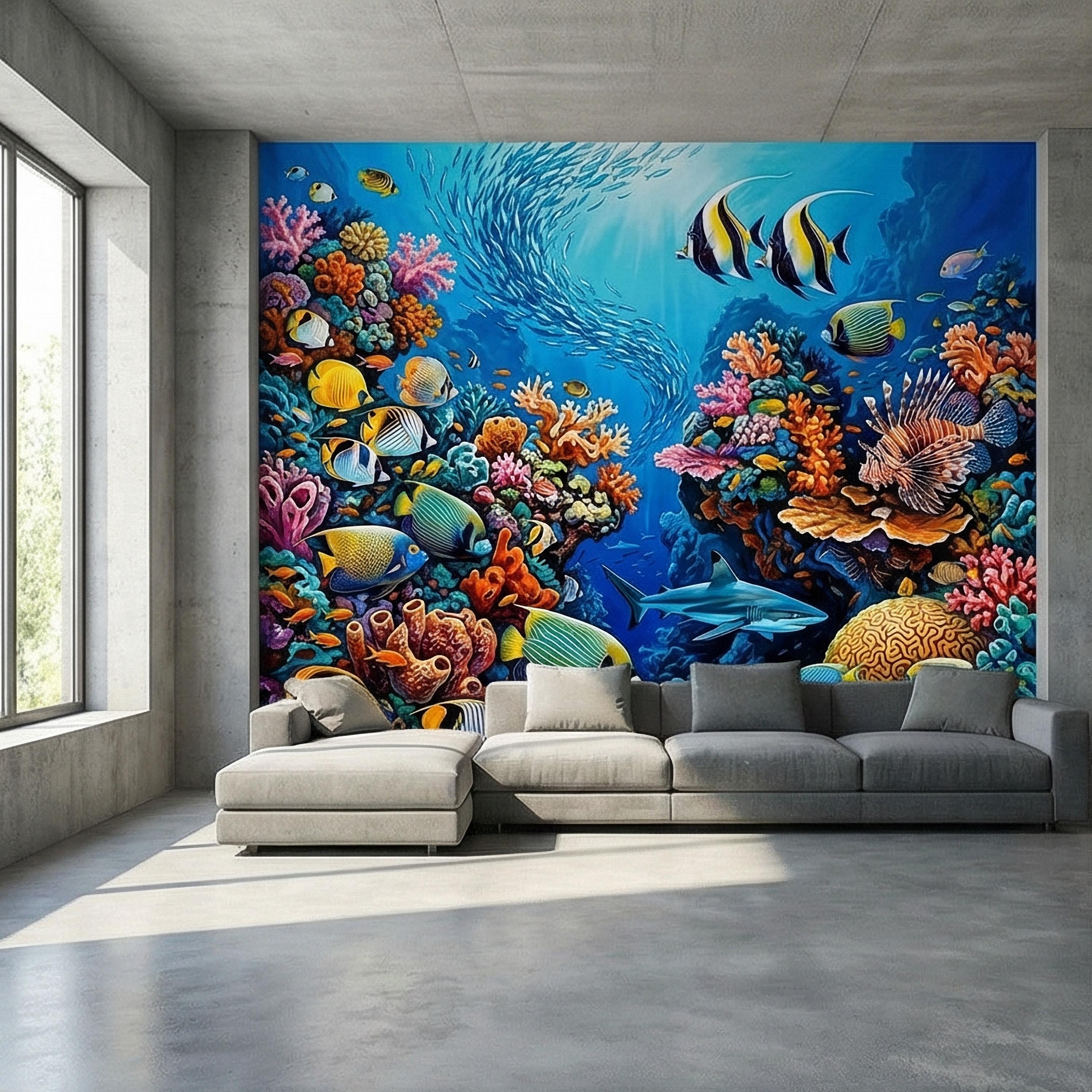Tropical Coral Reef Peel and Stick Wall Mural, Colorful Ocean Fish Underwater Scene, Vibrant Sea Life Wallpaper
