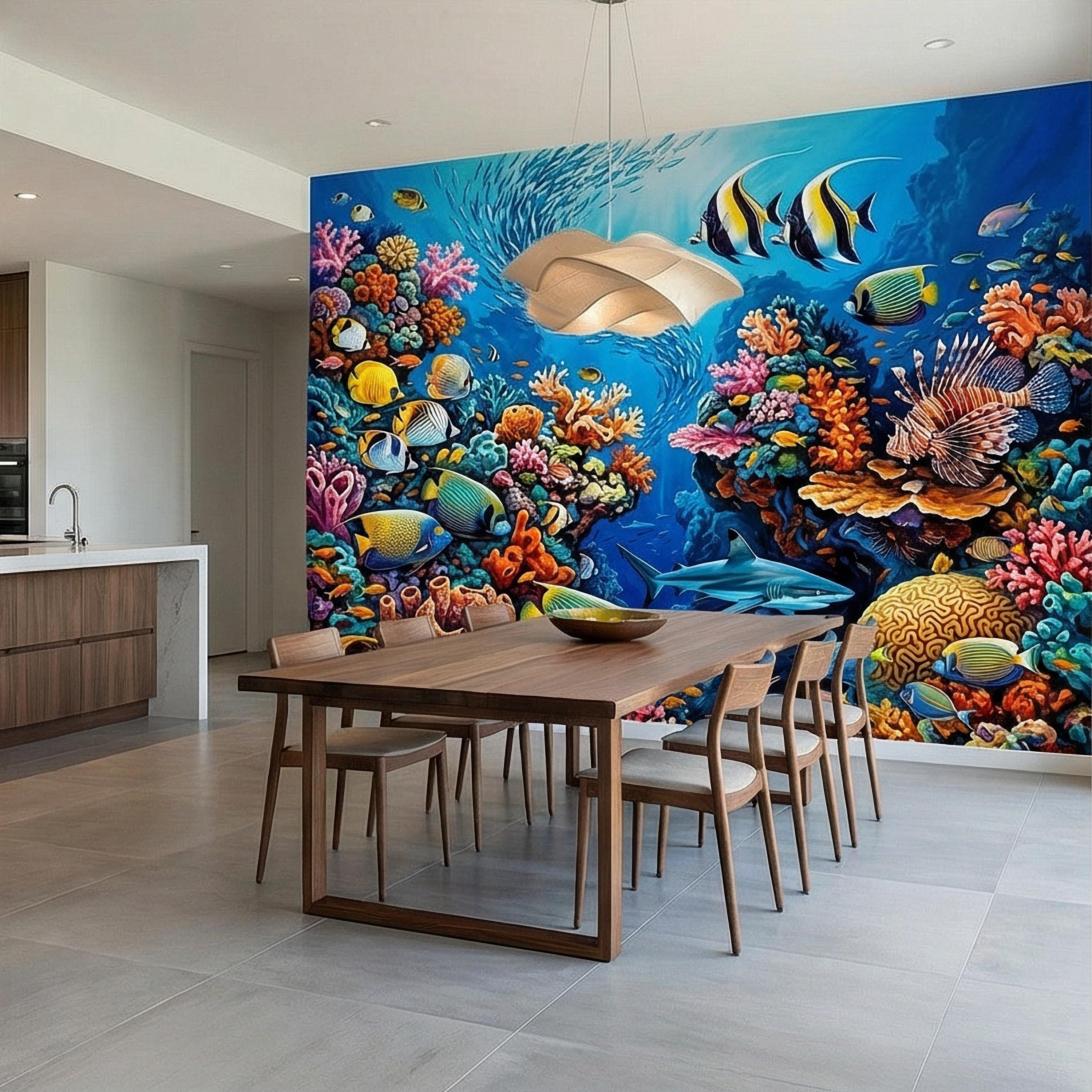 Tropical Coral Reef Peel and Stick Wall Mural, Colorful Ocean Fish Underwater Scene, Vibrant Sea Life Wallpaper