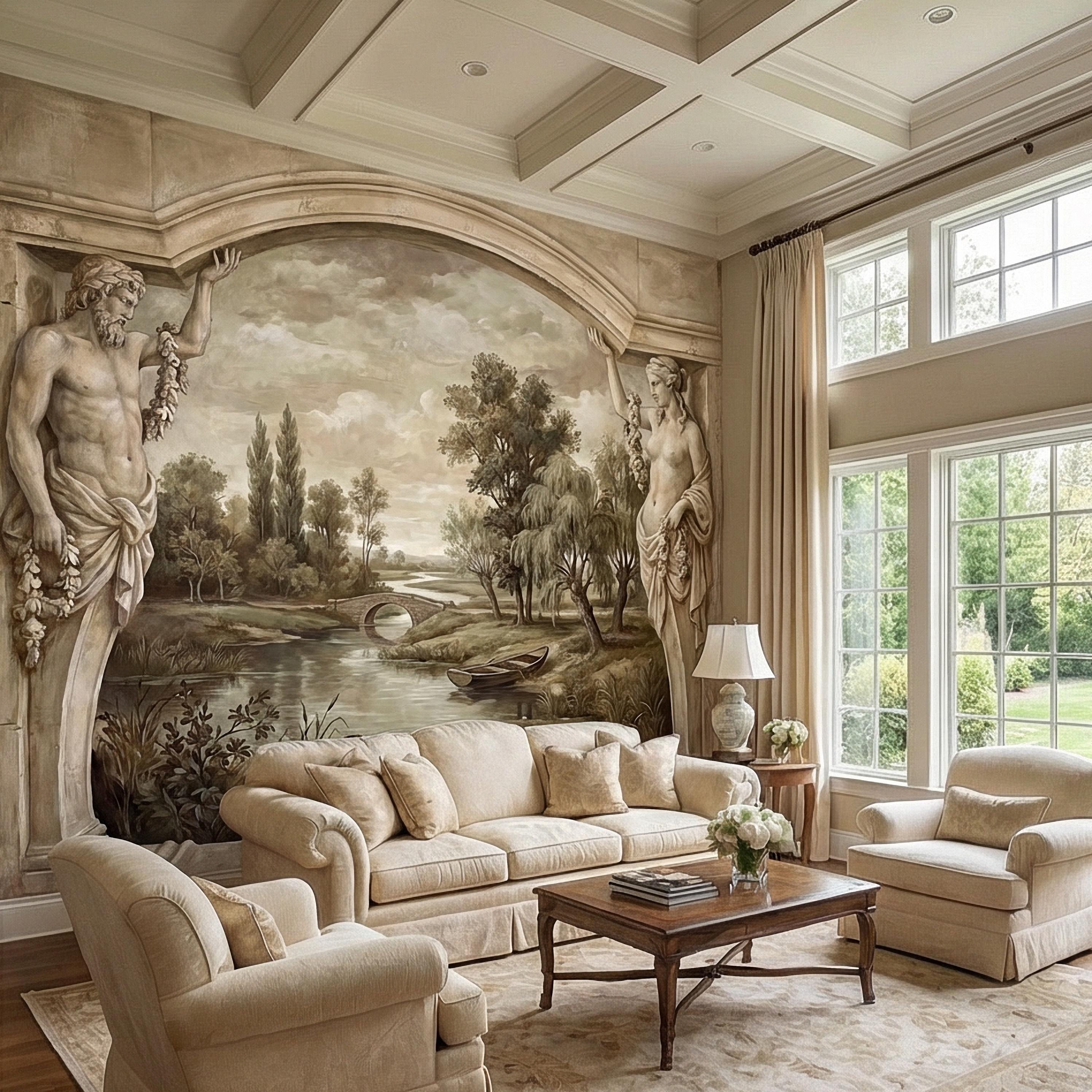 Classical Fresco Peel and Stick Wall Mural, Antique Greco Roman Landscape, Old World Trompe L’Oeil Archway Wallpaper