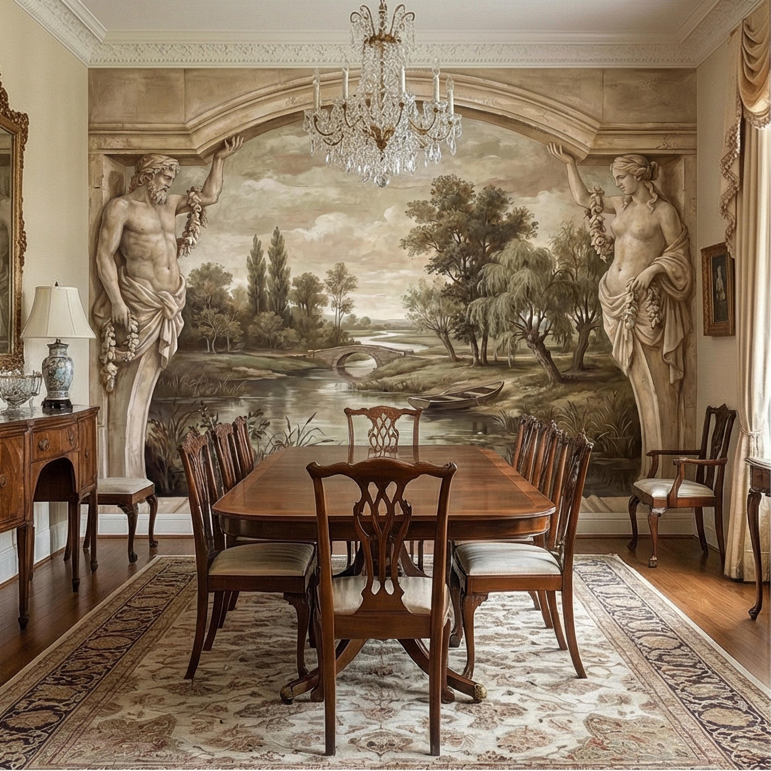 Classical Fresco Peel and Stick Wall Mural, Antique Greco Roman Landscape, Old World Trompe L’Oeil Archway Wallpaper