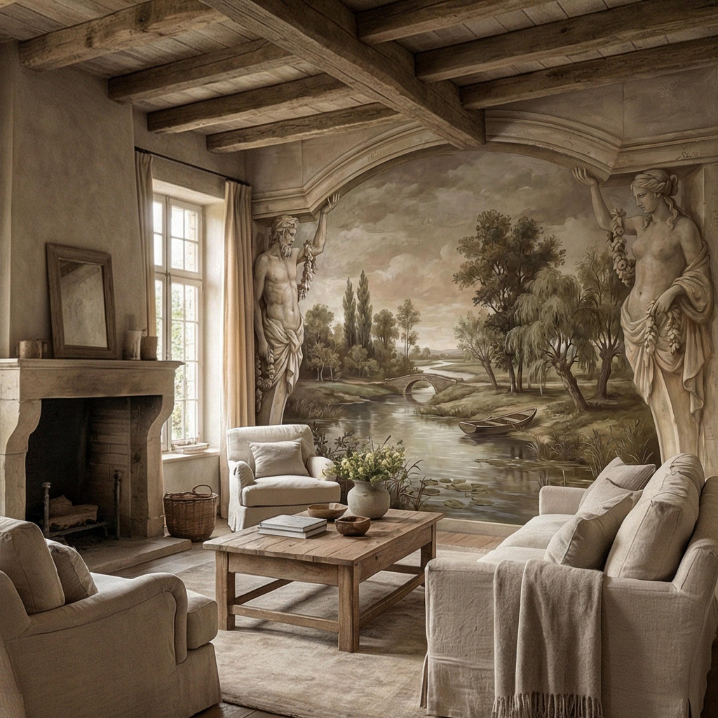 Classical Fresco Peel and Stick Wall Mural, Antique Greco Roman Landscape, Old World Trompe L’Oeil Archway Wallpaper