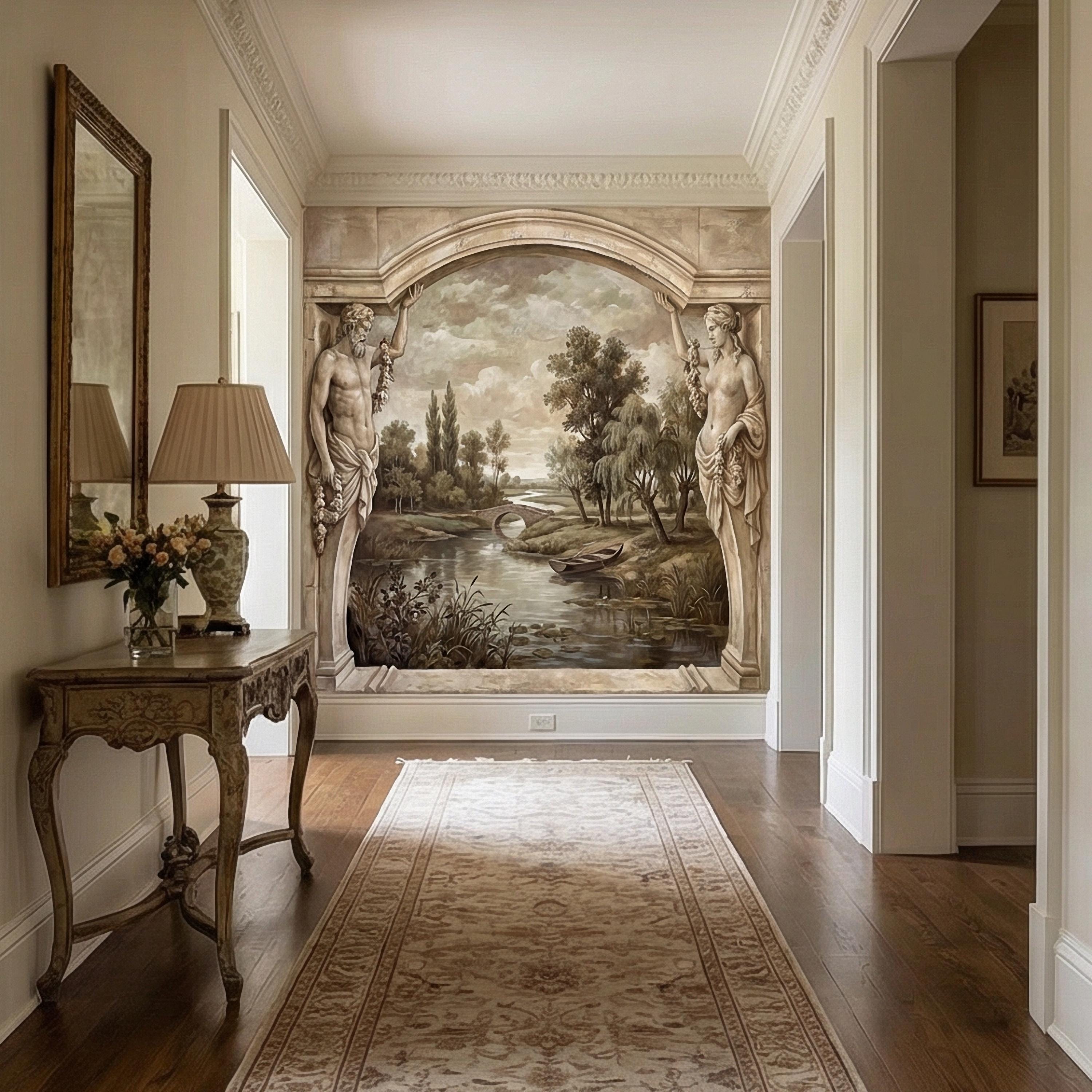 Classical Fresco Peel and Stick Wall Mural, Antique Greco Roman Landscape, Old World Trompe L’Oeil Archway Wallpaper