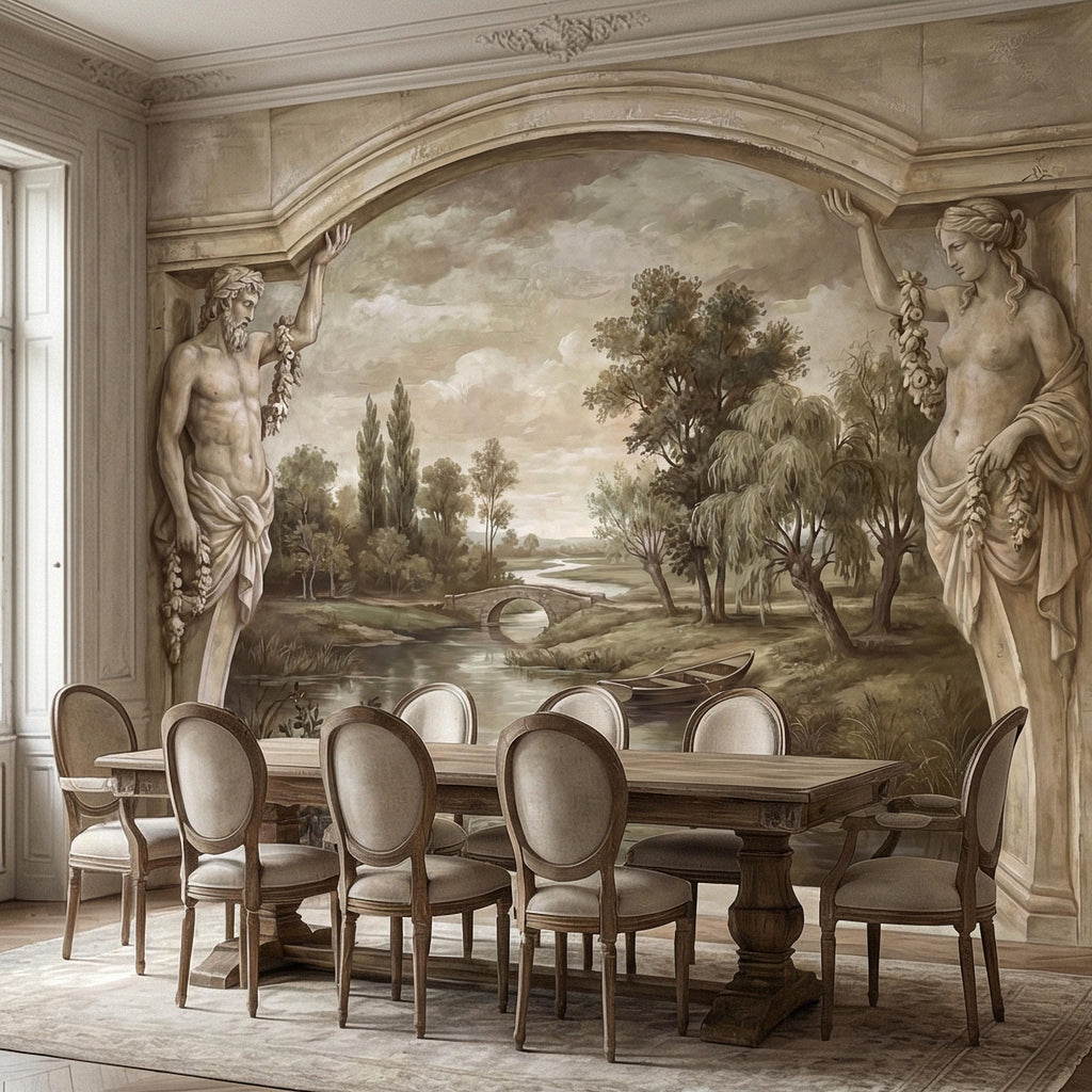 Classical Fresco Peel and Stick Wall Mural, Antique Greco Roman Landscape, Old World Trompe L’Oeil Archway Wallpaper