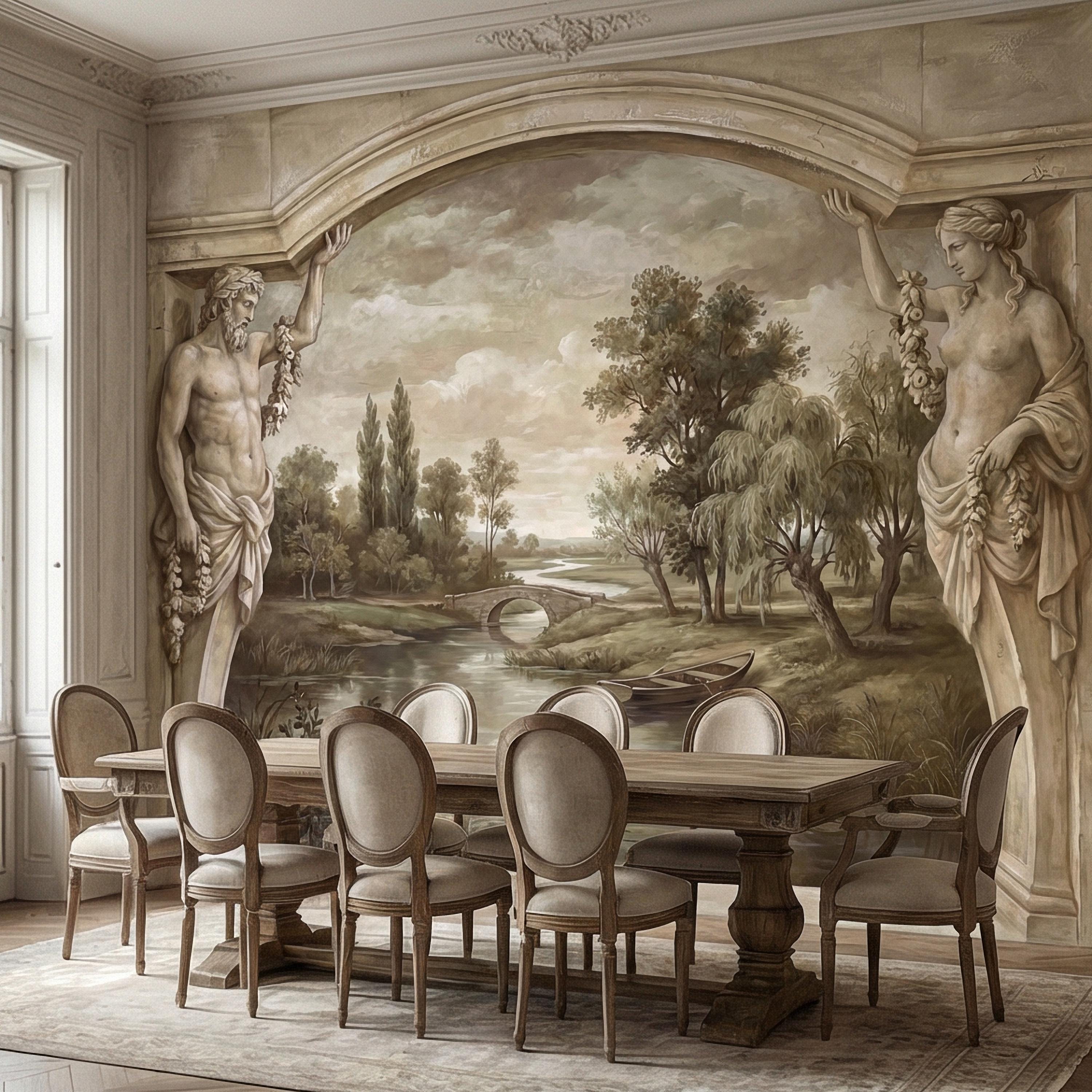 Classical Fresco Peel and Stick Wall Mural, Antique Greco Roman Landscape, Old World Trompe L’Oeil Archway Wallpaper