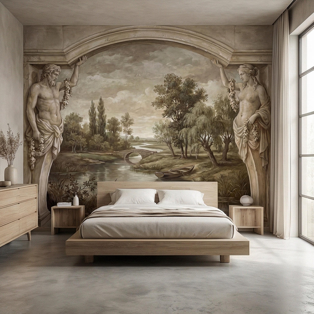 Classical Fresco Peel and Stick Wall Mural, Antique Greco Roman Landscape, Old World Trompe L’Oeil Archway Wallpaper