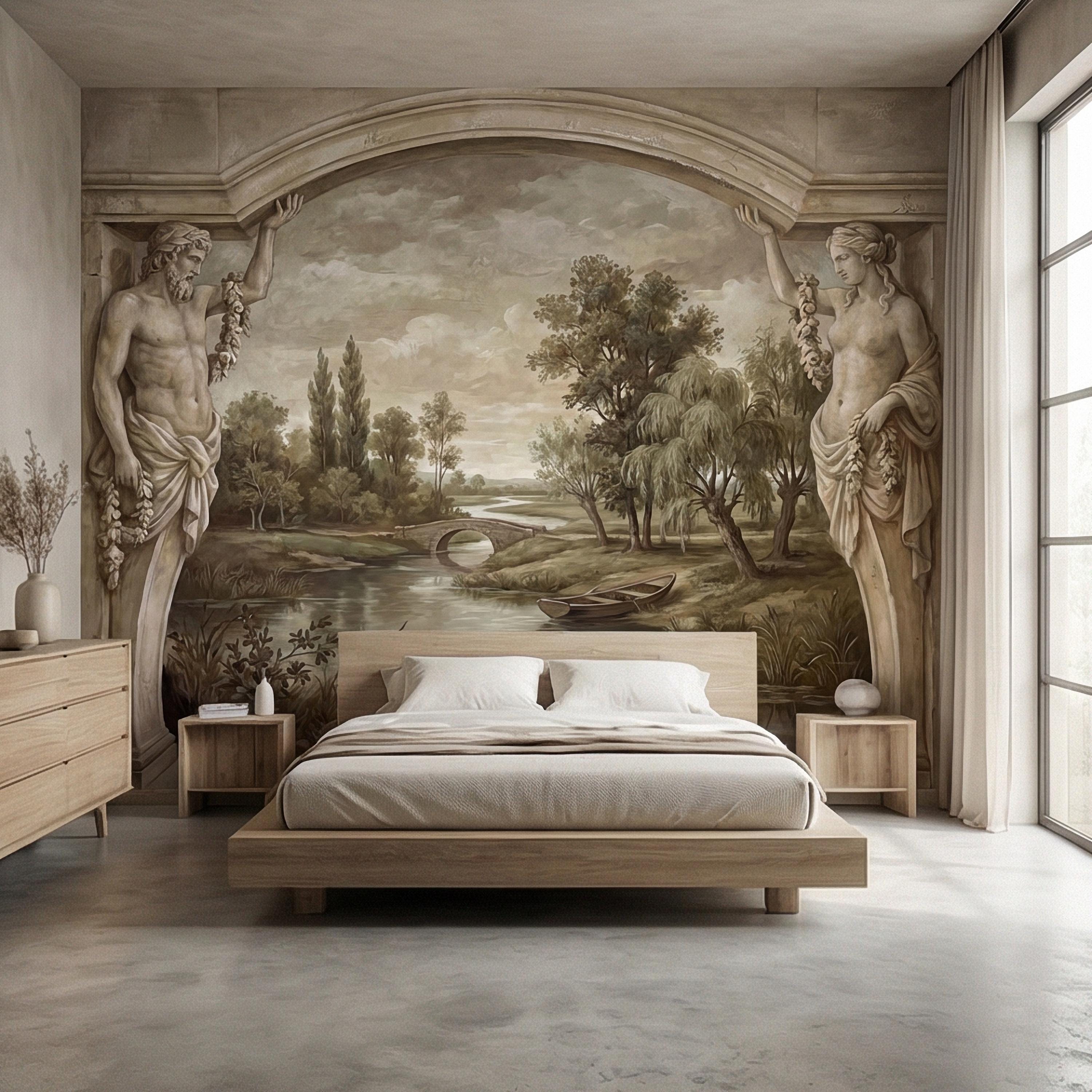 Classical Fresco Peel and Stick Wall Mural, Antique Greco Roman Landscape, Old World Trompe L’Oeil Archway Wallpaper
