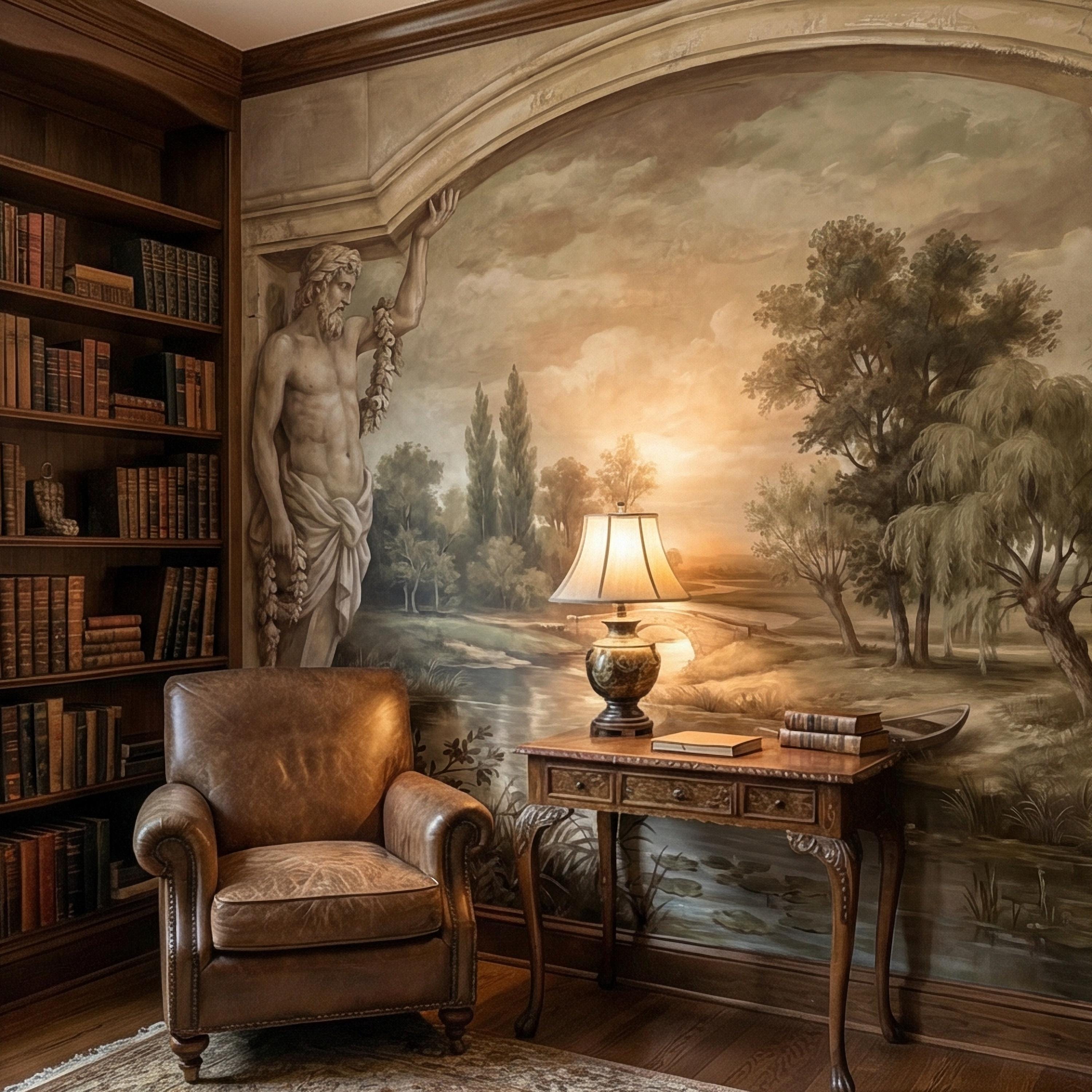 Classical Fresco Peel and Stick Wall Mural, Antique Greco Roman Landscape, Old World Trompe L’Oeil Archway Wallpaper