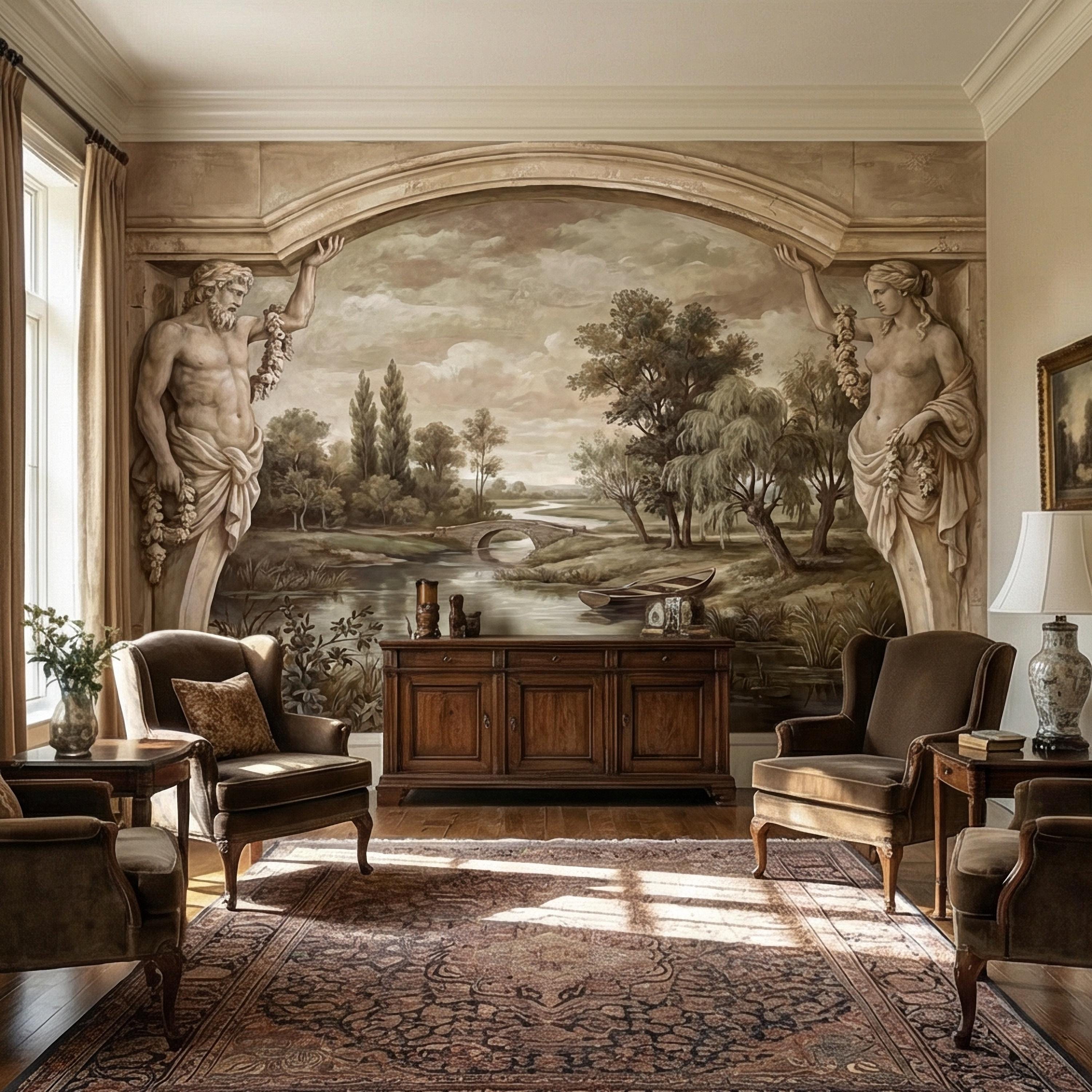 Classical Fresco Peel and Stick Wall Mural, Antique Greco Roman Landscape, Old World Trompe L’Oeil Archway Wallpaper