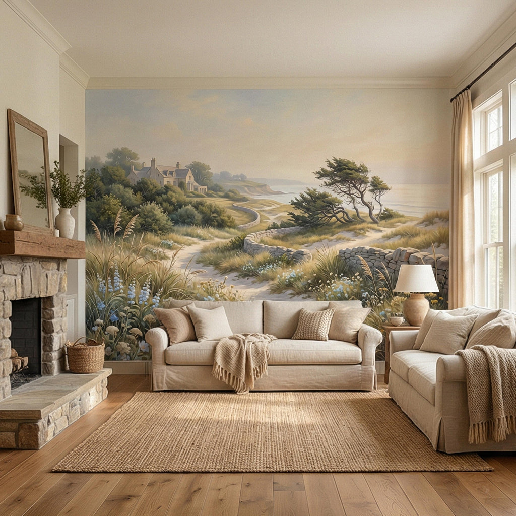 Cape Cod Coastal Path Peel and Stick Wall Mural, New England Seaside Cottage View, Soft Beach Landscape Wallpaper