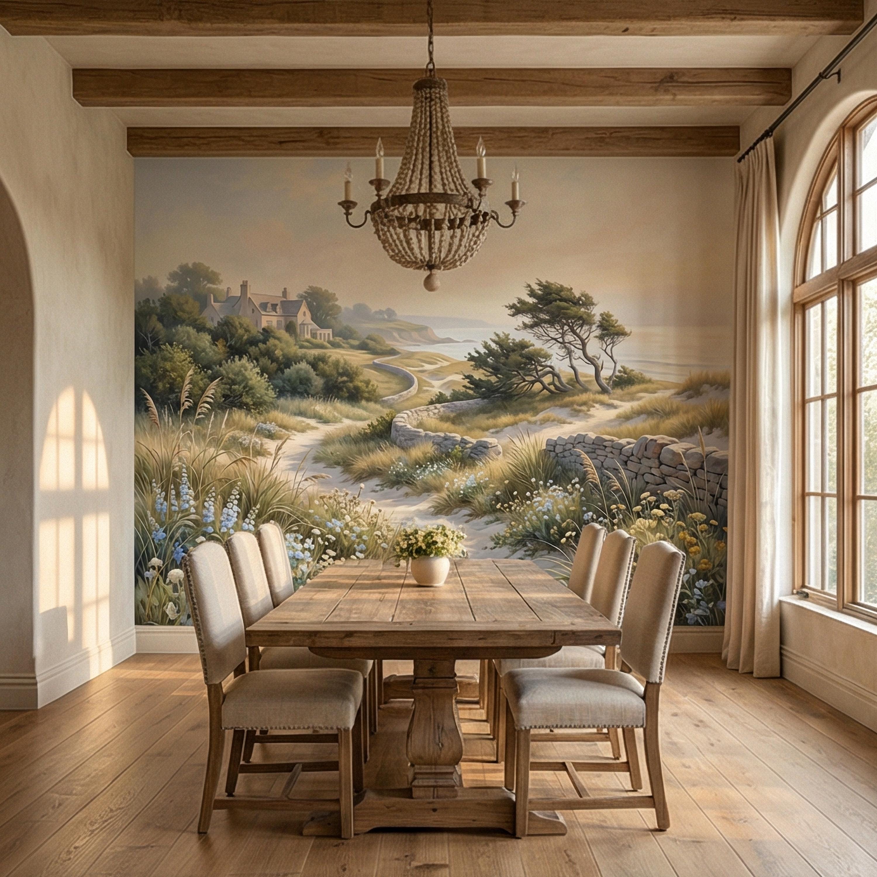 Cape Cod Coastal Path Peel and Stick Wall Mural, New England Seaside Cottage View, Soft Beach Landscape Wallpaper
