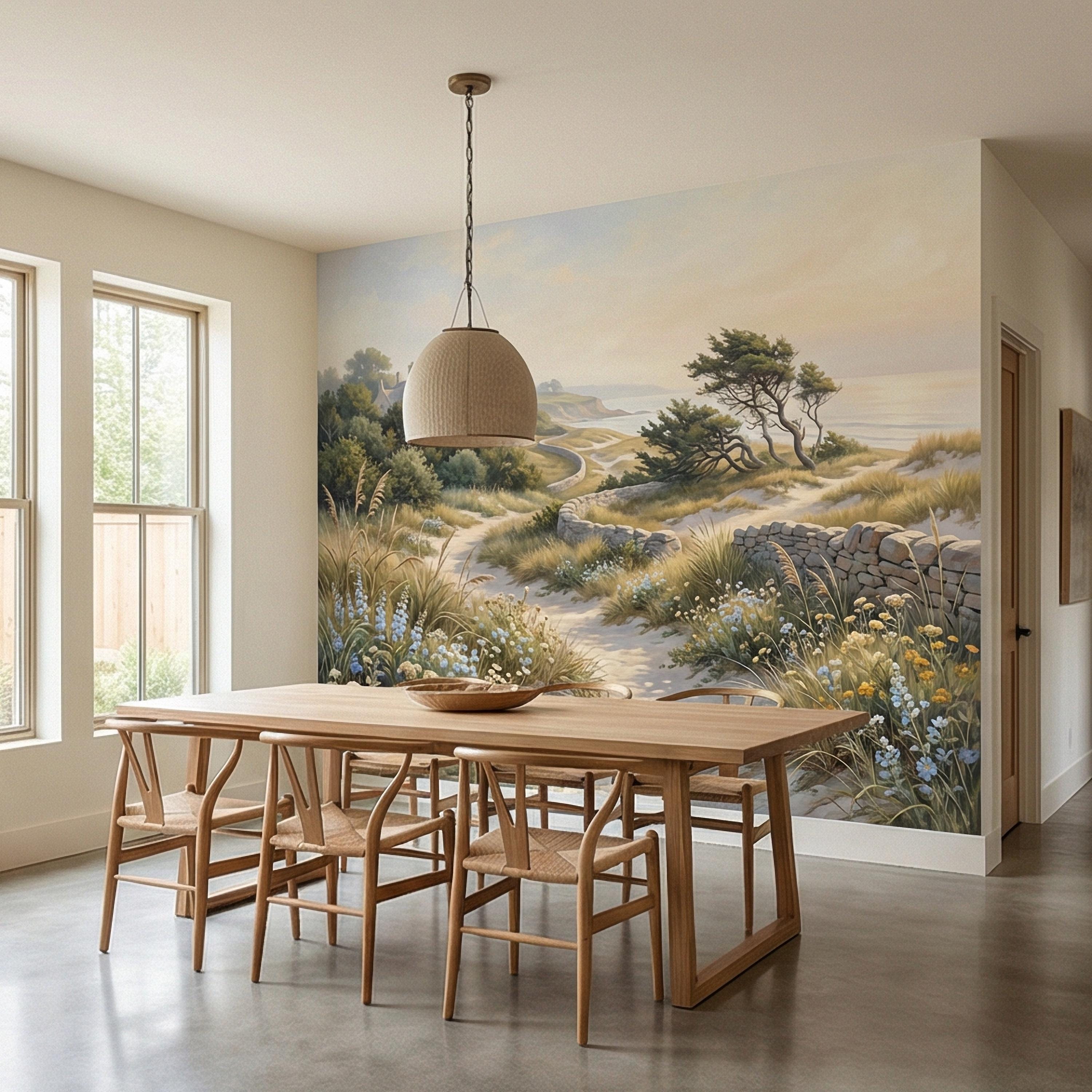Cape Cod Coastal Path Peel and Stick Wall Mural, New England Seaside Cottage View, Soft Beach Landscape Wallpaper