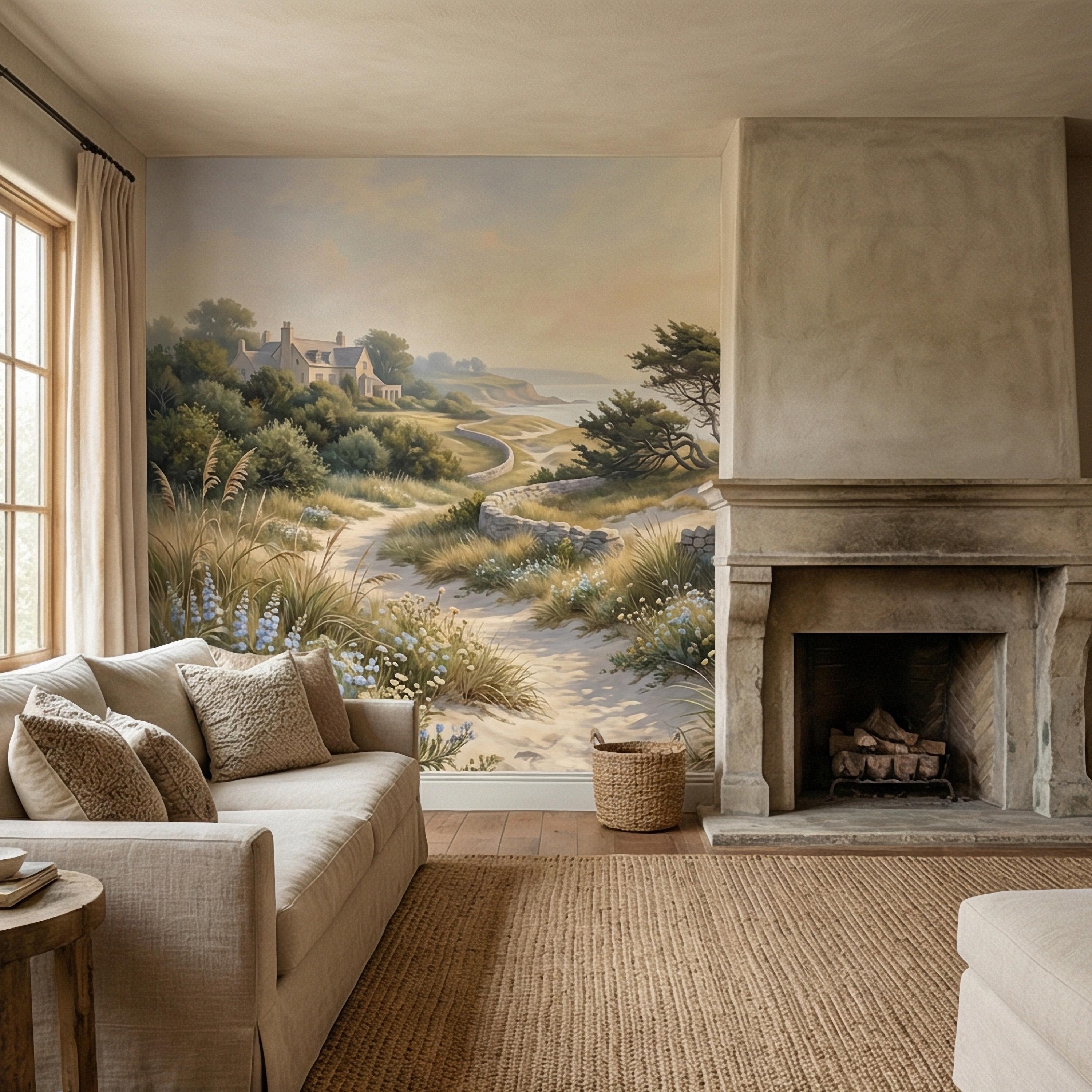 Cape Cod Coastal Path Peel and Stick Wall Mural, New England Seaside Cottage View, Soft Beach Landscape Wallpaper