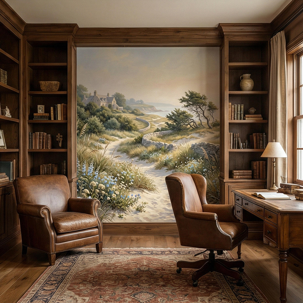Cape Cod Coastal Path Peel and Stick Wall Mural, New England Seaside Cottage View, Soft Beach Landscape Wallpaper