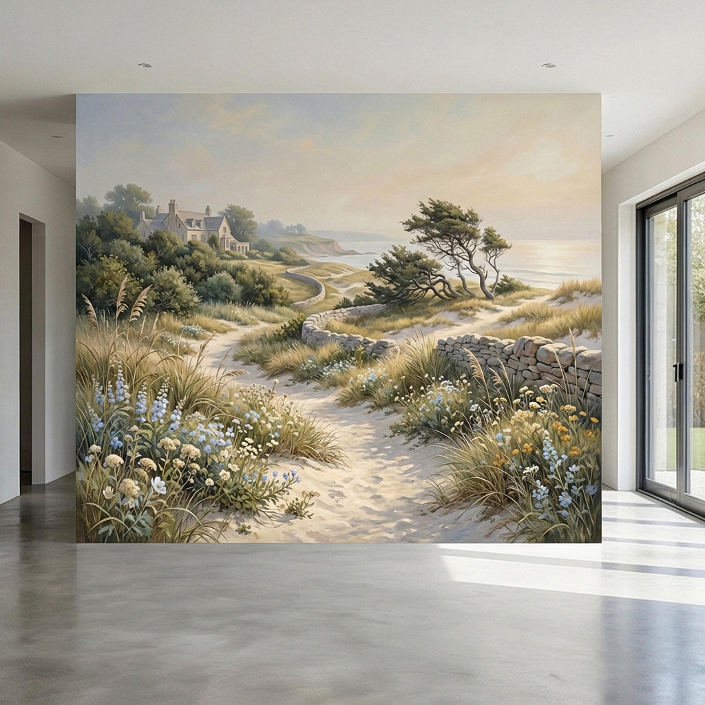 Cape Cod Coastal Path Peel and Stick Wall Mural, New England Seaside Cottage View, Soft Beach Landscape Wallpaper
