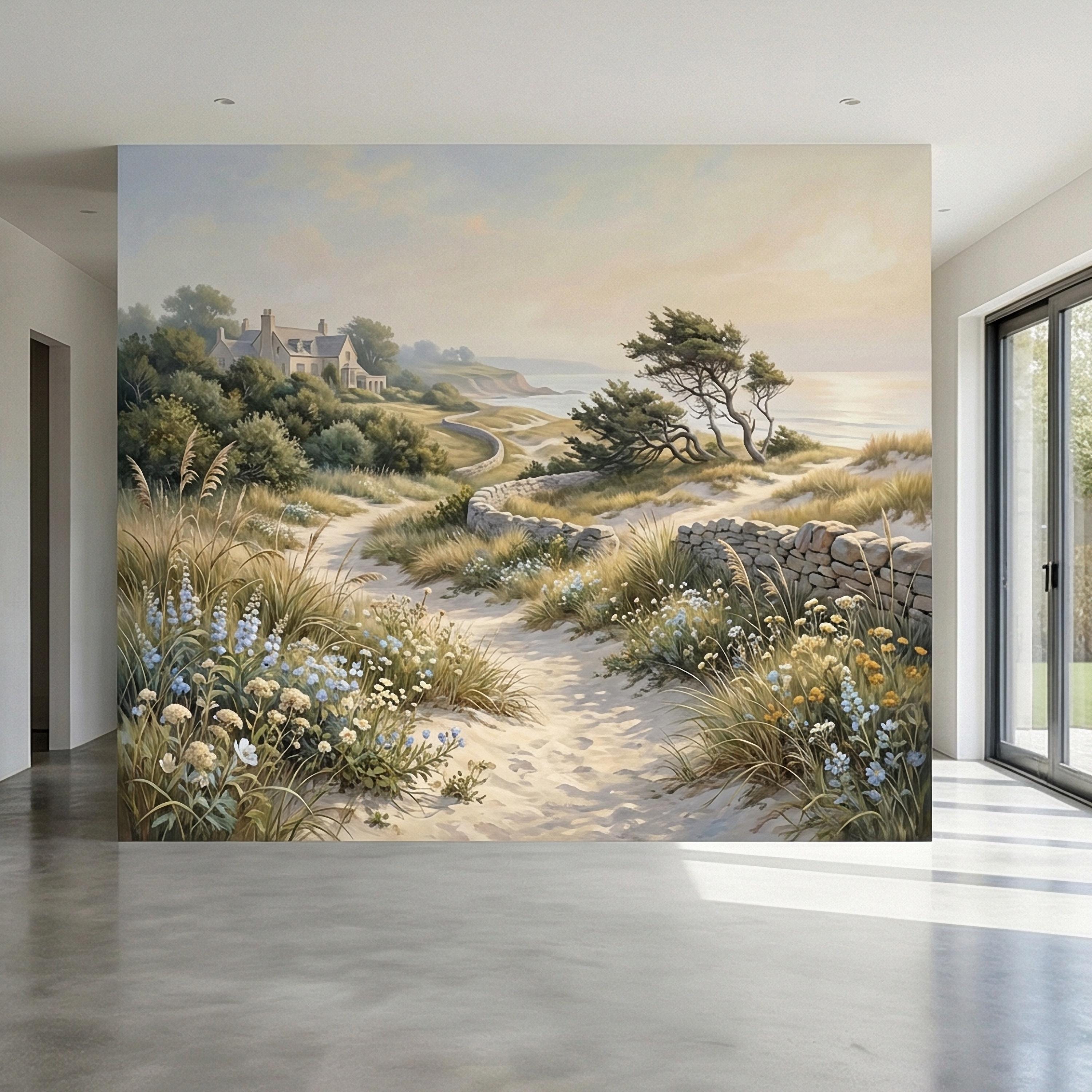 Cape Cod Coastal Path Peel and Stick Wall Mural, New England Seaside Cottage View, Soft Beach Landscape Wallpaper