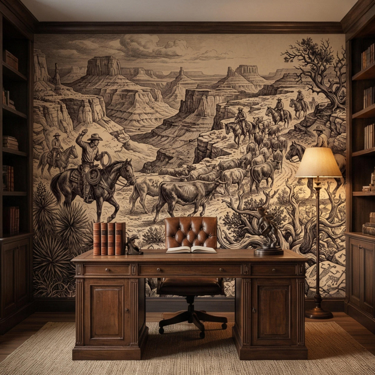 Western Cowboy Peel and Stick Wall Mural, Vintage Cattle Drive Wallpaper, Rustic Ranch Canyon Landscape, Sepia Engraving Wall Decor - The Fine Art Murals