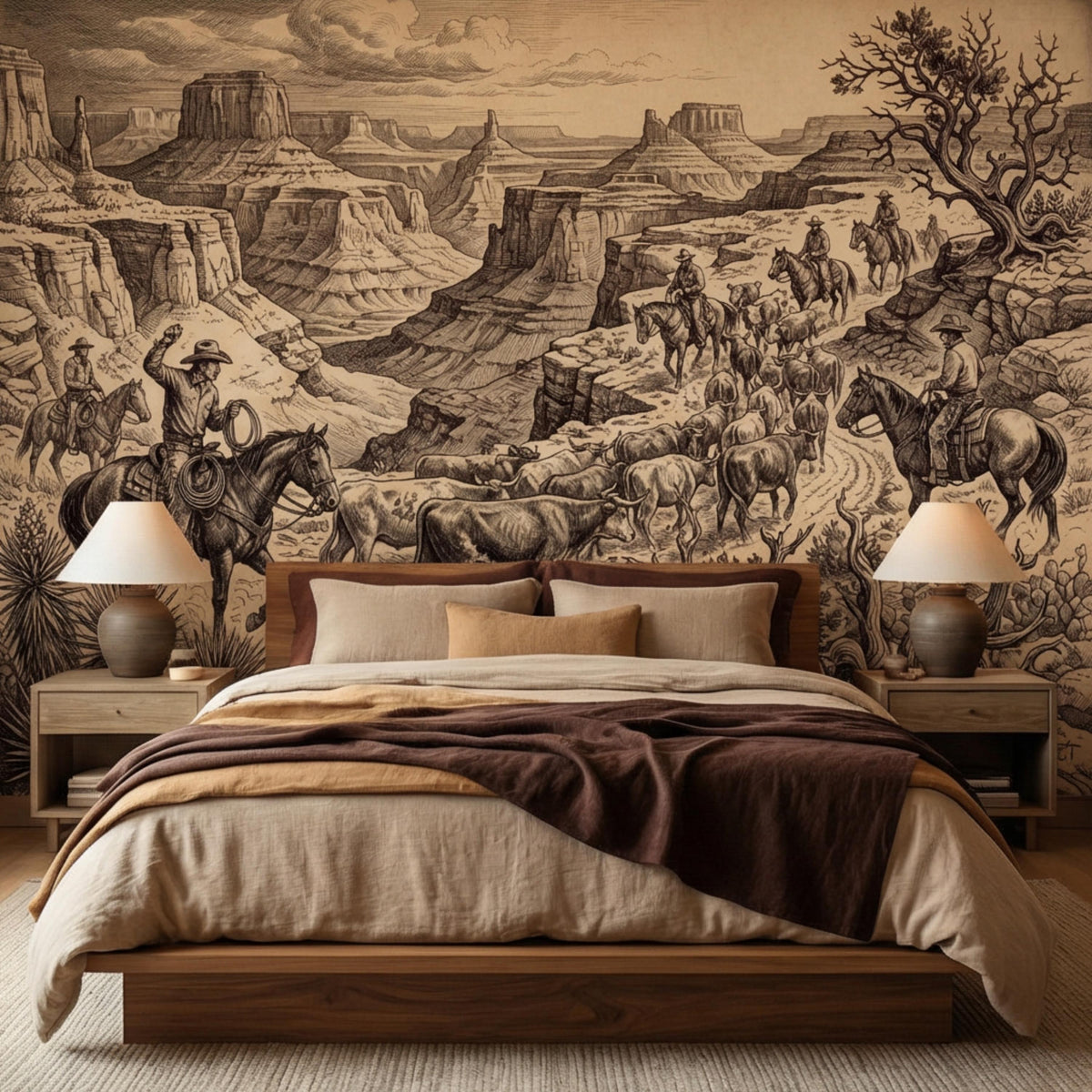 Western Cowboy Peel and Stick Wall Mural, Vintage Cattle Drive Wallpaper, Rustic Ranch Canyon Landscape, Sepia Engraving Wall Decor - The Fine Art Murals
