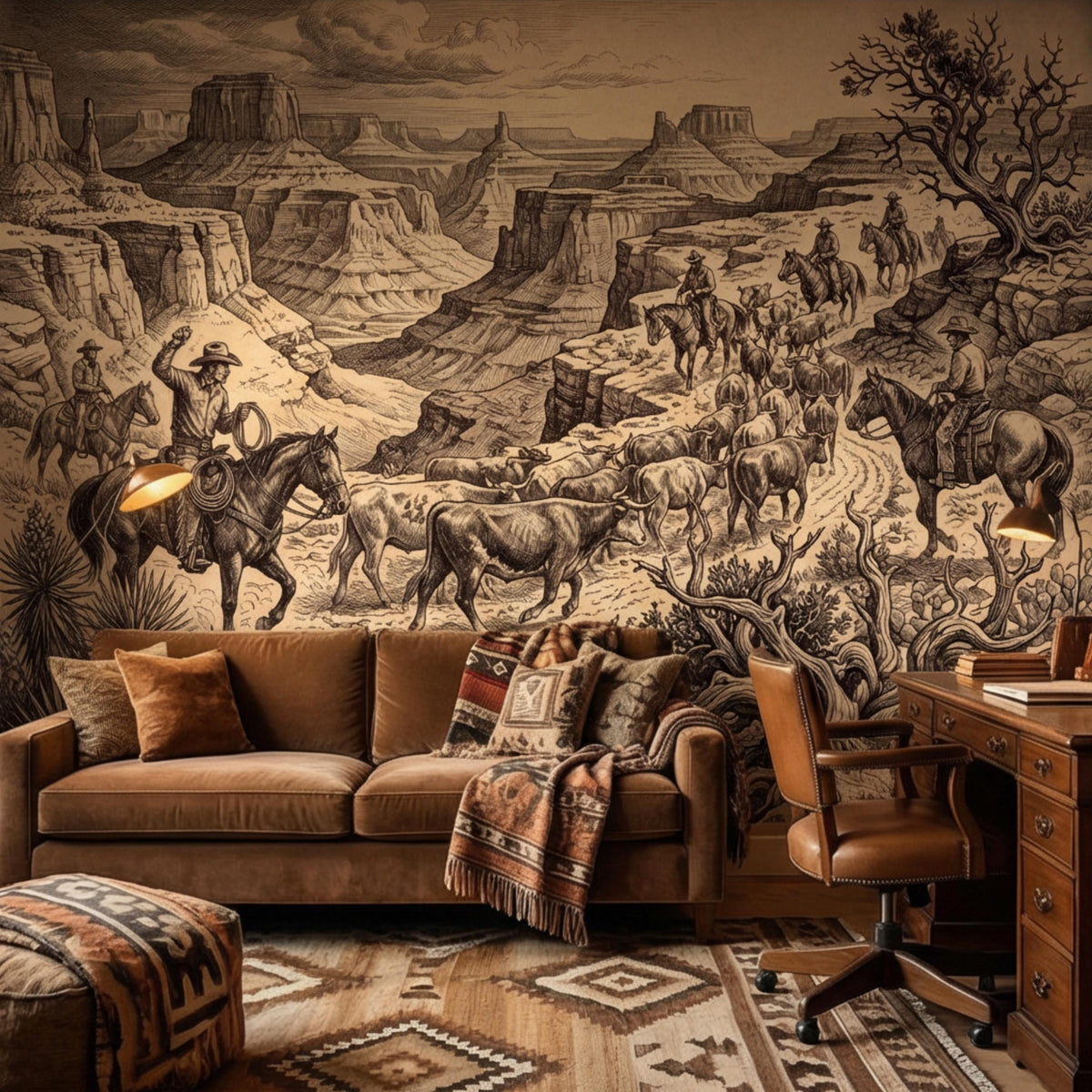 Western Cowboy Peel and Stick Wall Mural, Vintage Cattle Drive Wallpaper, Rustic Ranch Canyon Landscape, Sepia Engraving Wall Decor - The Fine Art Murals