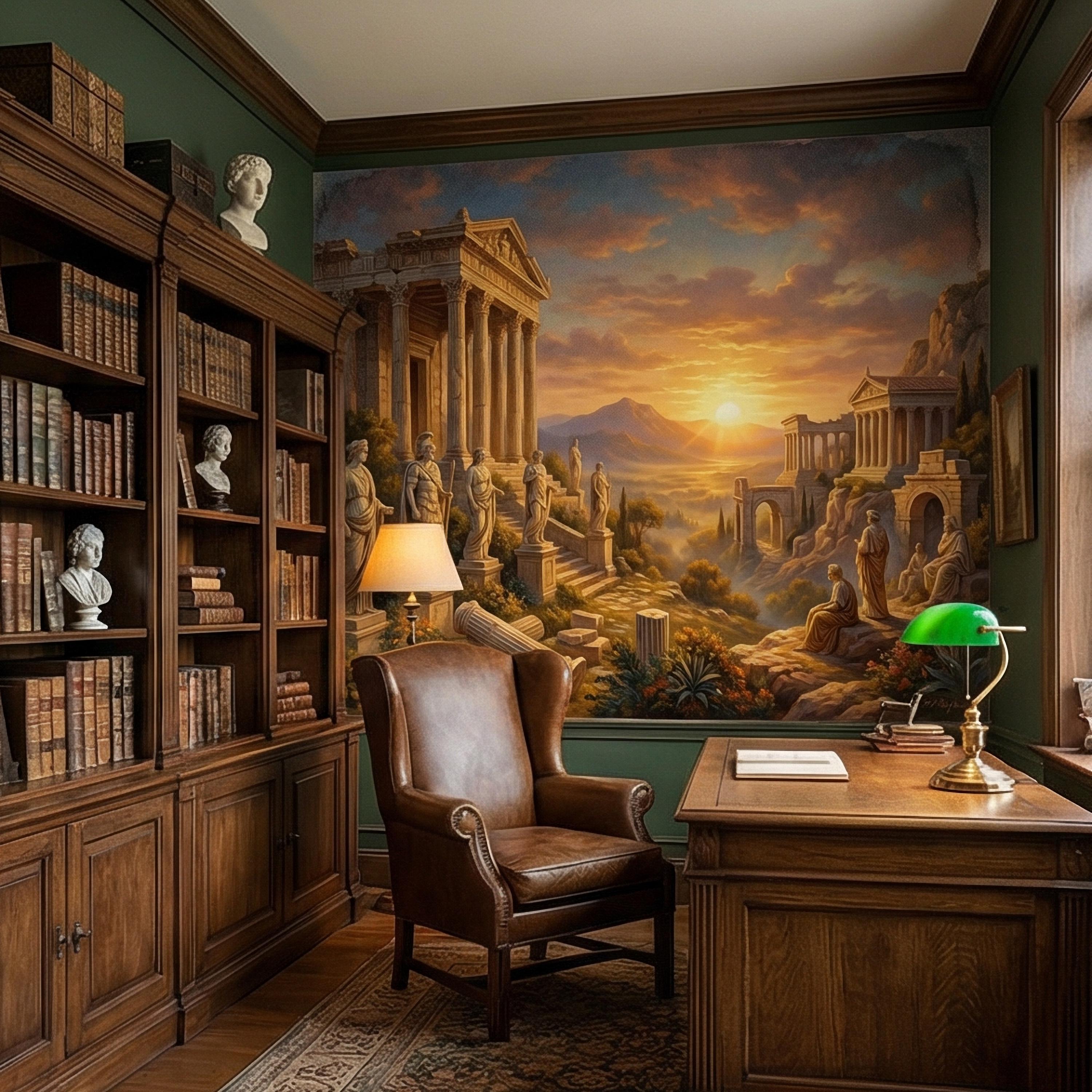 Ancient Greek Temple Peel and Stick Wall Mural, Classical Ruins Sunset Landscape, Mythic Mediterranean Wallpaper